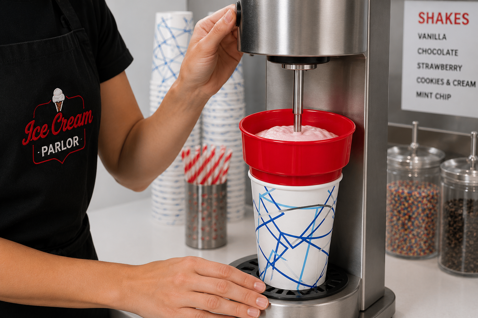 Ice cream shop employee using a commercial milkshake mixer equipped with a red malt collar to prevent splashing during shake preparation.