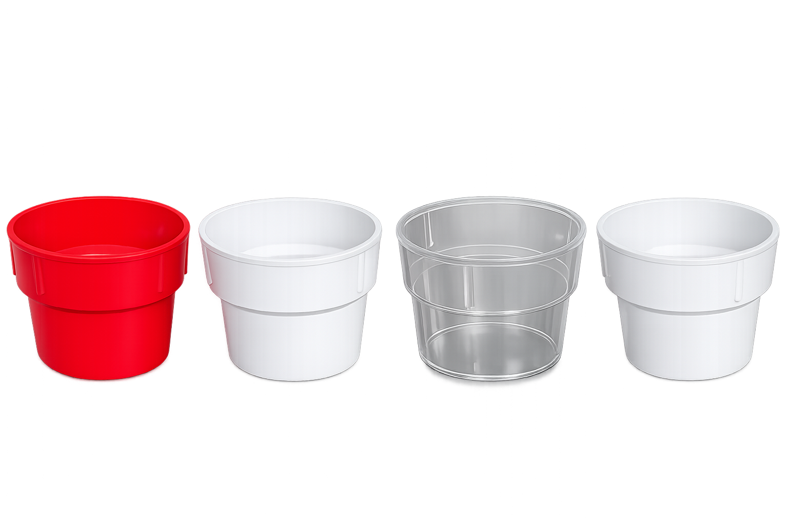 Commercial malt collar product lineup featuring large red, large white, large clear, and small white splash guards for milkshake mixing machines.
