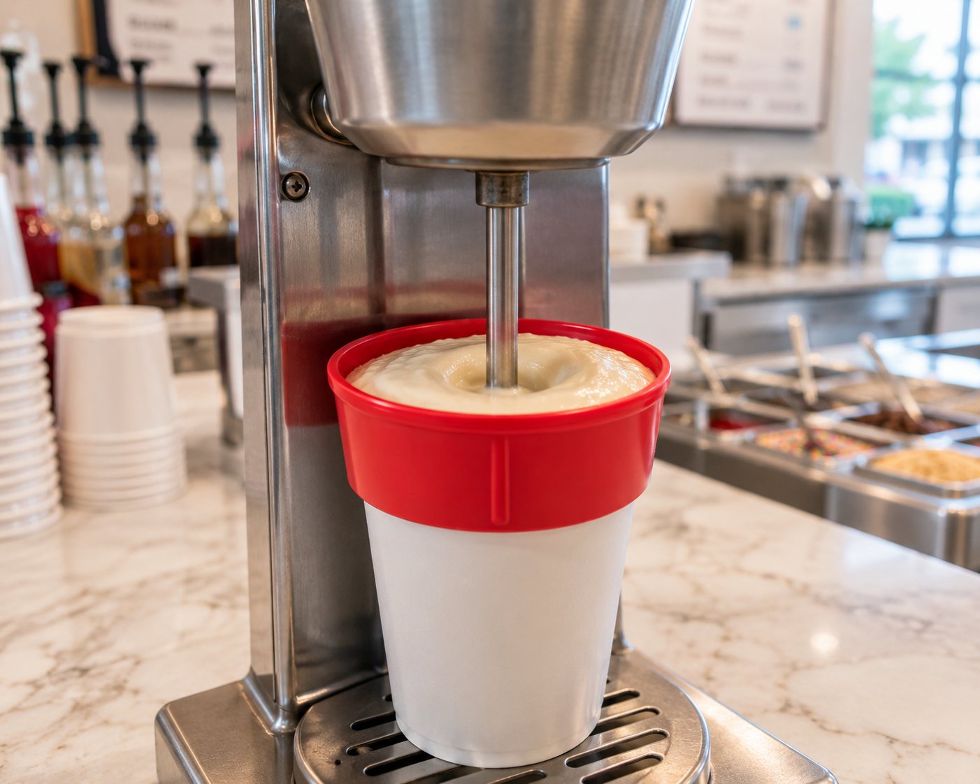 Premium malt collar demonstrating its effectiveness as a shake is being mixed in an ice cream parlor.