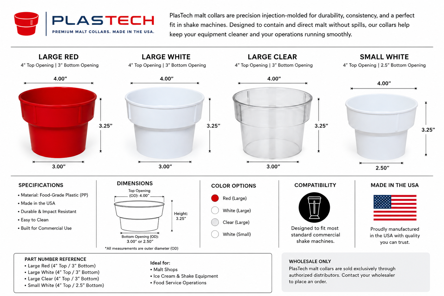 Commercial malt collar dimensions and specifications for large red, large white, large clear, and small white models. Food-safe splash guards made in the USA for commercial milkshake mixers.
