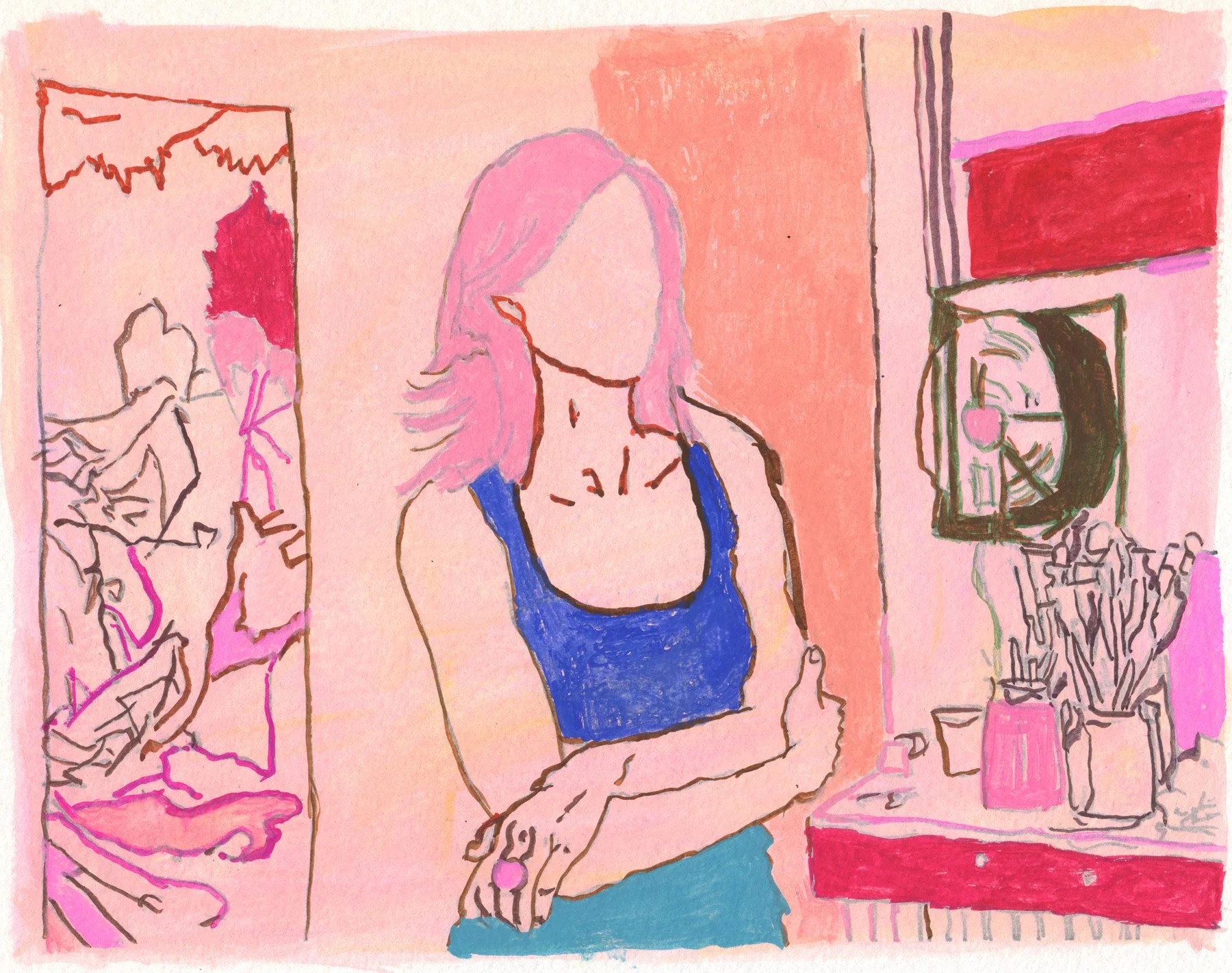 Elizabeth in Her Studio, 2016 | Ink and gouache on paper | 6 in x 9 in.