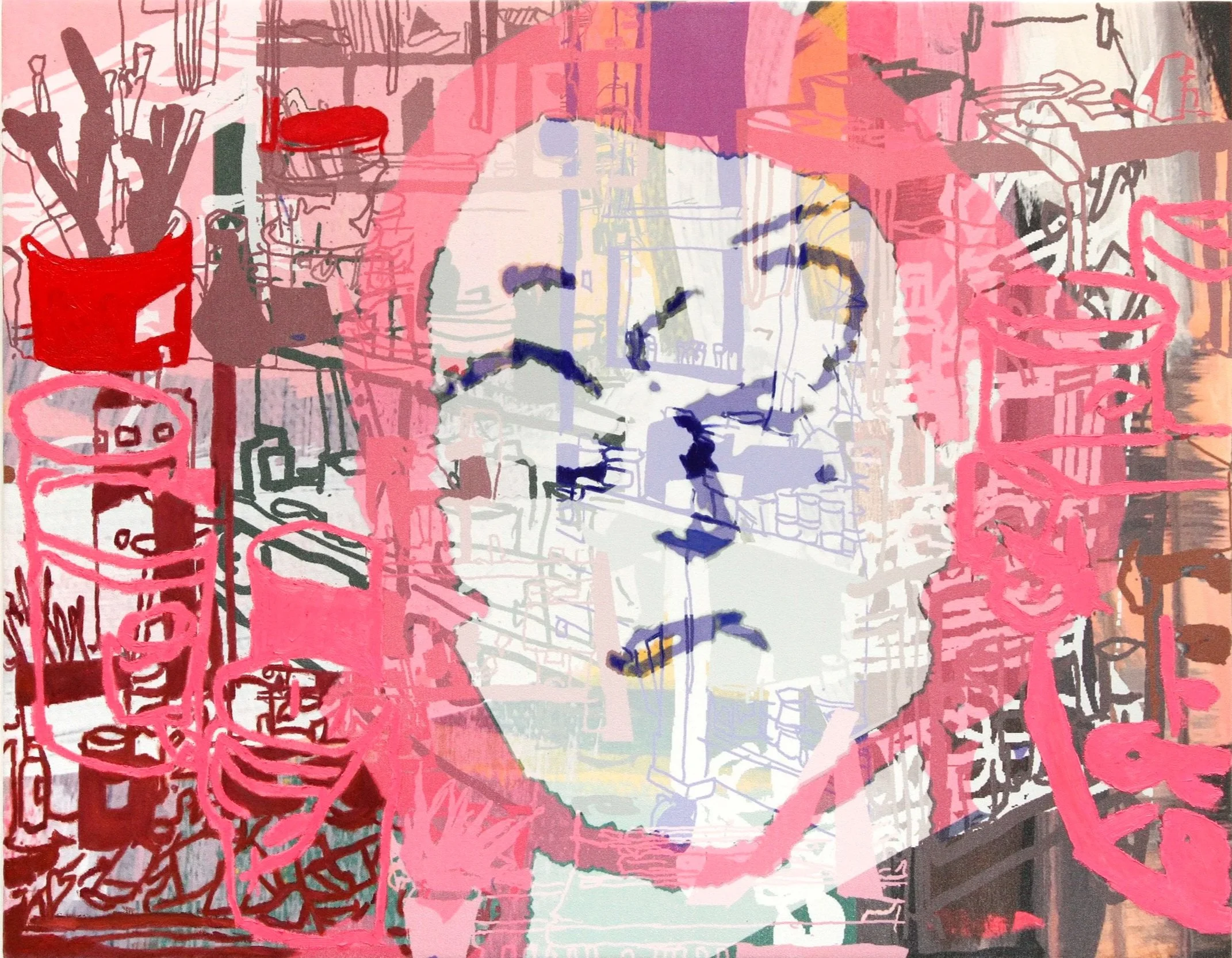 Through JG's Head, 2020 | Oil, oil stick, and inkjet on canvas | 28 x 36 in.