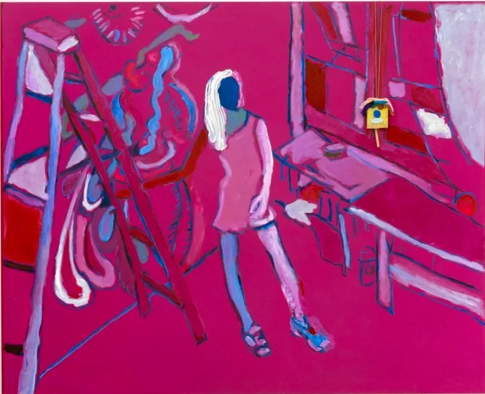 Kerstin in Her Studio, 2015–2016 | Flashe, oil, and child's sculpture on canvas | 65 in x 81 in.