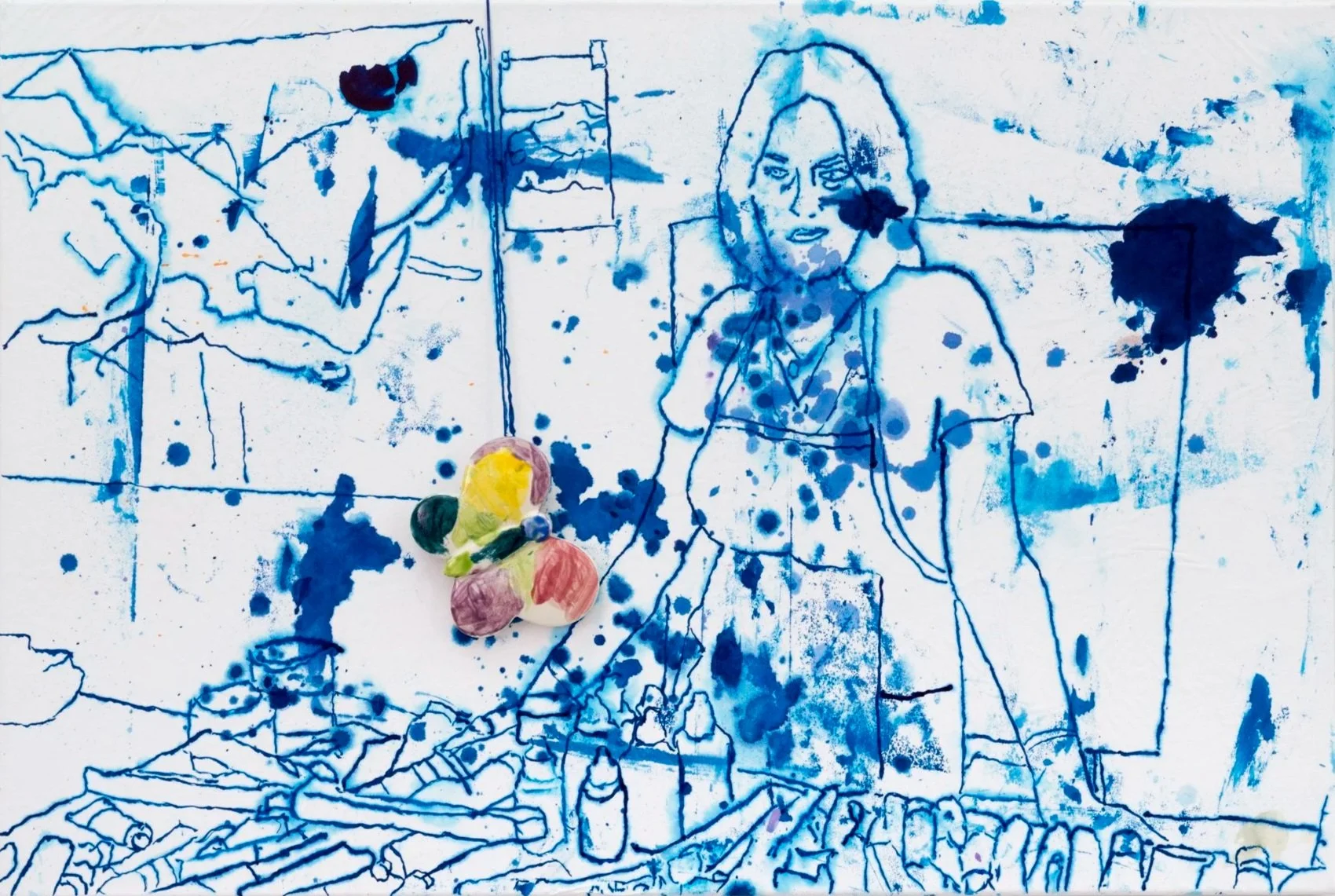 Tracey in Her Studio, 2016 | Acrylic ink and child's sculpture on rice paper mounted onto canvas | 24 in x 36 in.