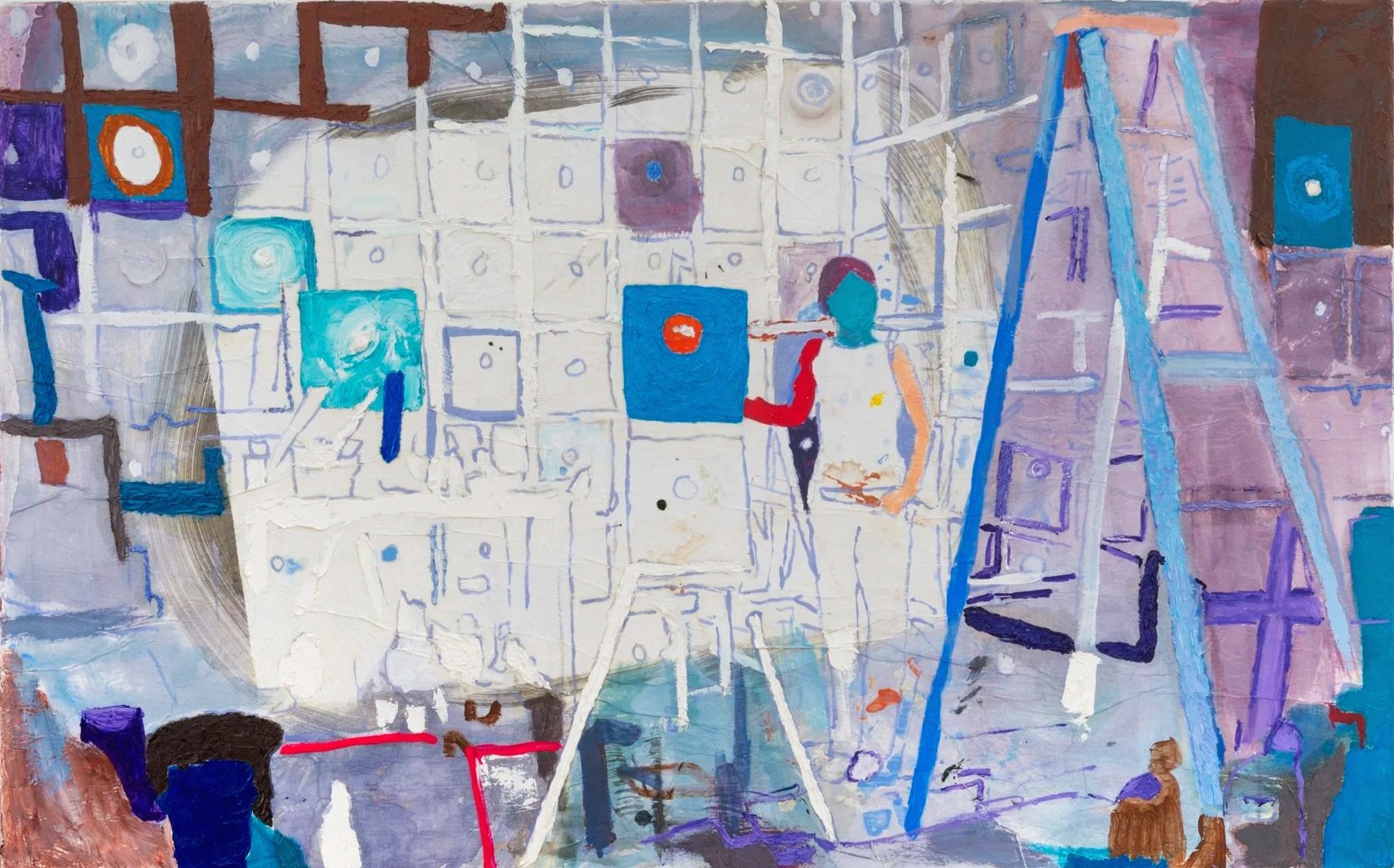 Ann in Her Studio, 2016 | Acrylic ink, oil, and child's sculpture on paper mounted onto canvas | 30 in x 48 in.