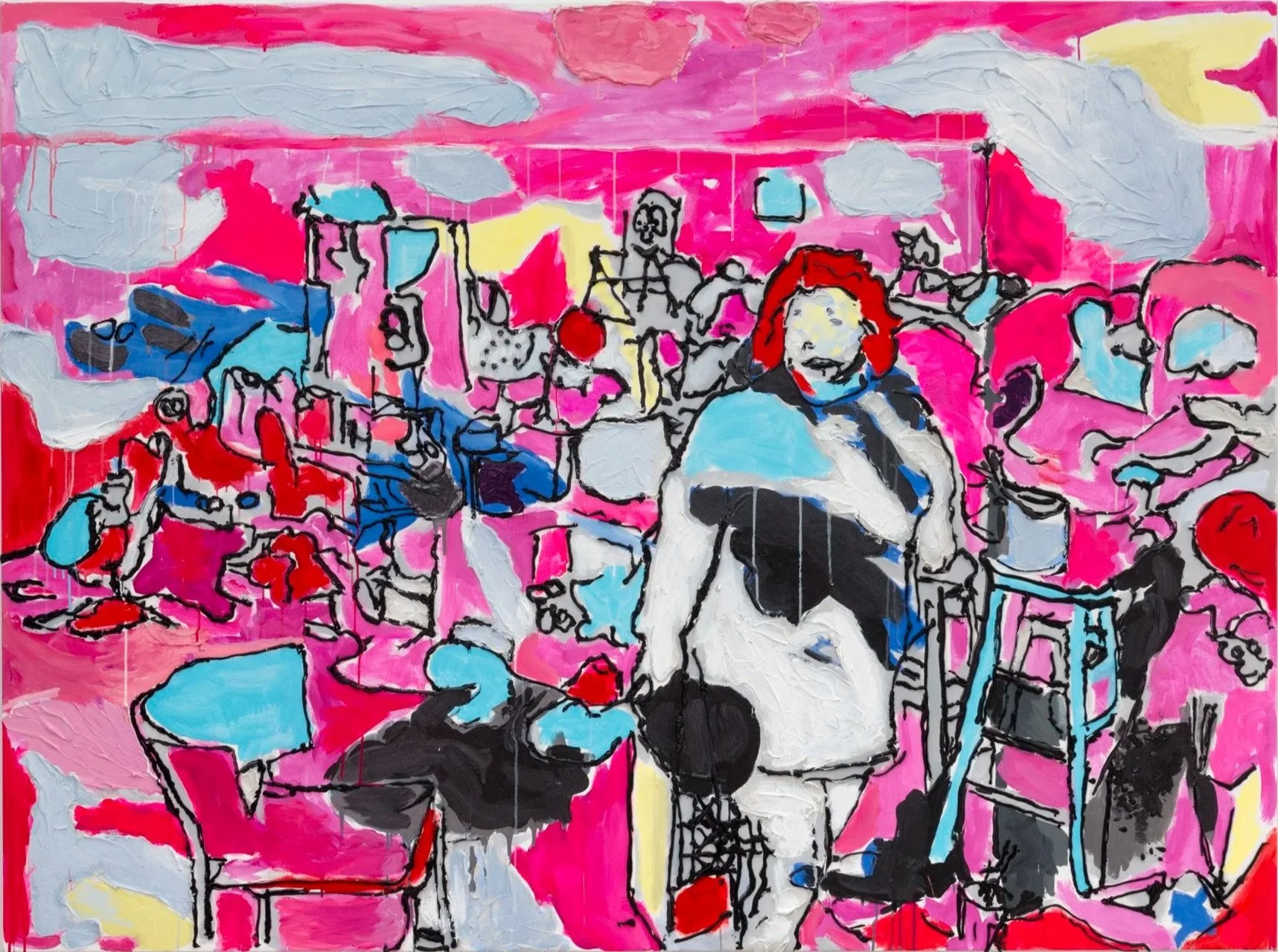 Joyce in Her Studio, 2015 | Acrylic, caulk, molding paste, and latex paint on canvas | 64 in x 85 in.