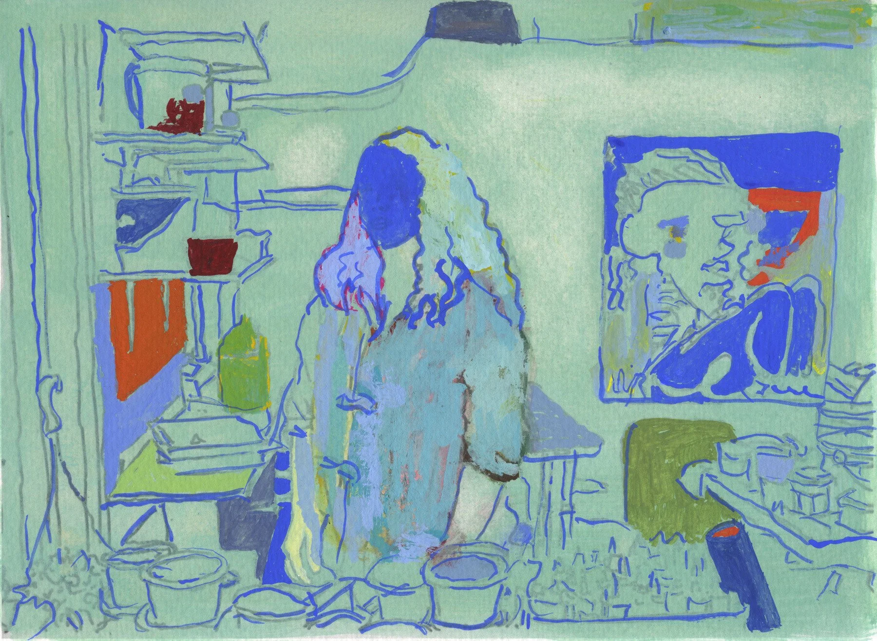 Tatiana in Her Studio, 2016 | Ink and gouache on paper | 6 in x 9 in.