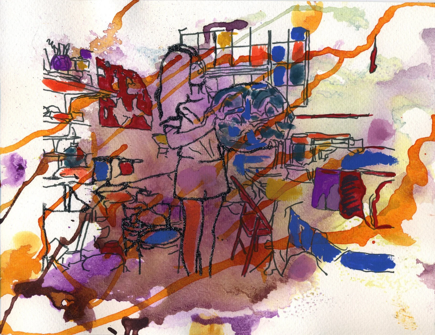 Jennie Jieun in Her Studio 2, 2016 | Acrylic ink, gouache, and glitter on paper | 8 in x 10 in.