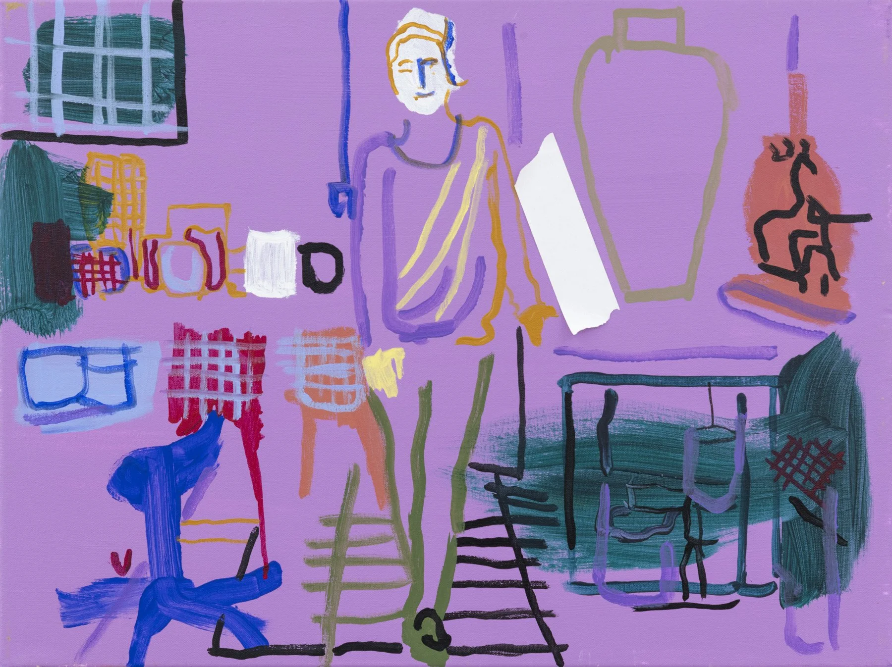 Shio in Her Studio 2, 2018 | Flashe, acrylic and tape on canvas | 18 in x 24 in.