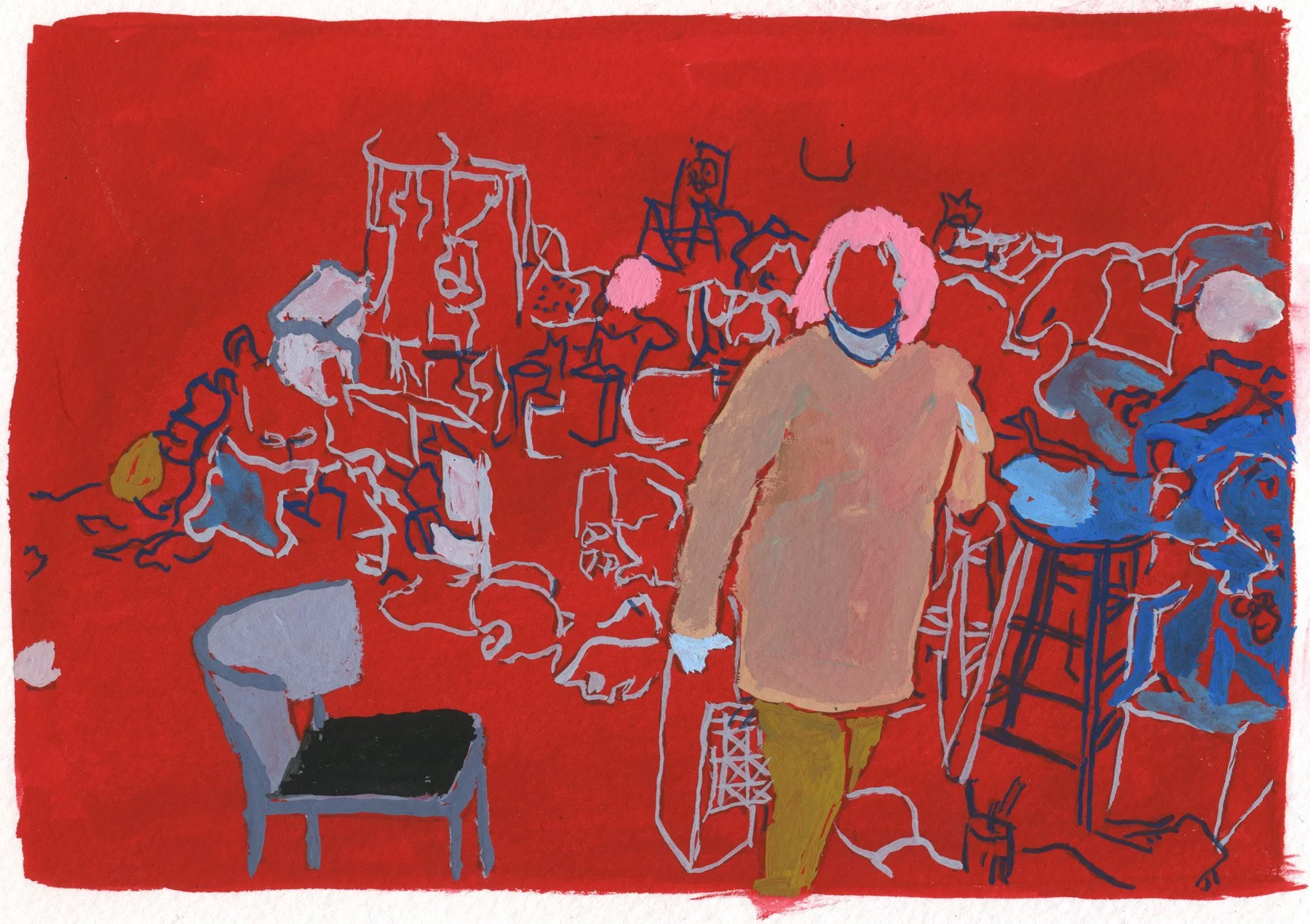 Joyce in Her Studio, 2016 | Ink and gouache on paper | 6 in x 9 in.