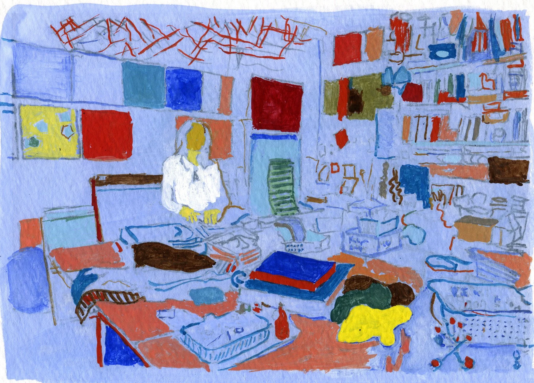Pae in Her Studio, 2015 | Ink and gouache on paper | 6 in x 9 in.