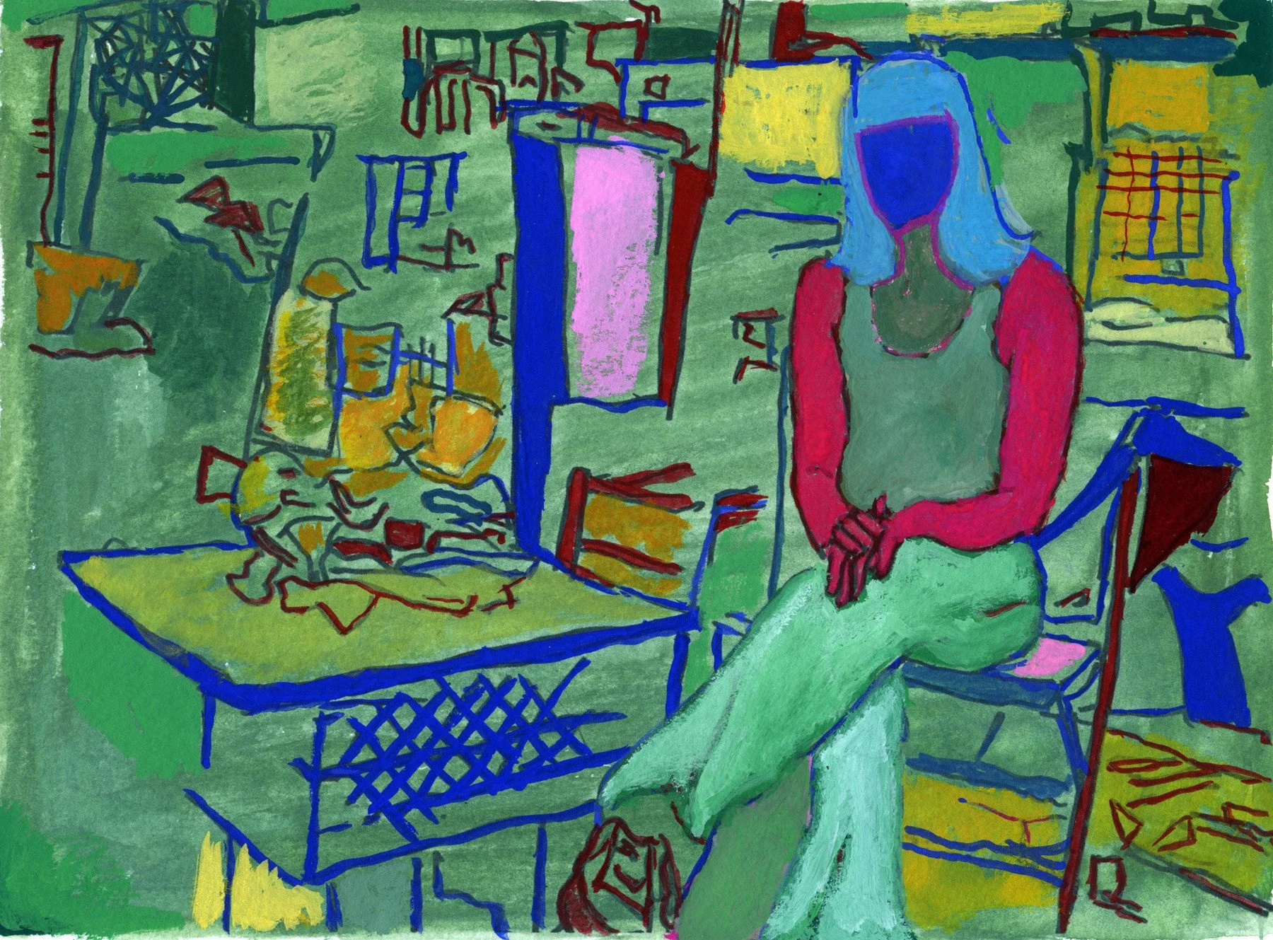Liz in Her Studio, 2016 | Ink and gouache on paper | 6 in x 9 in.