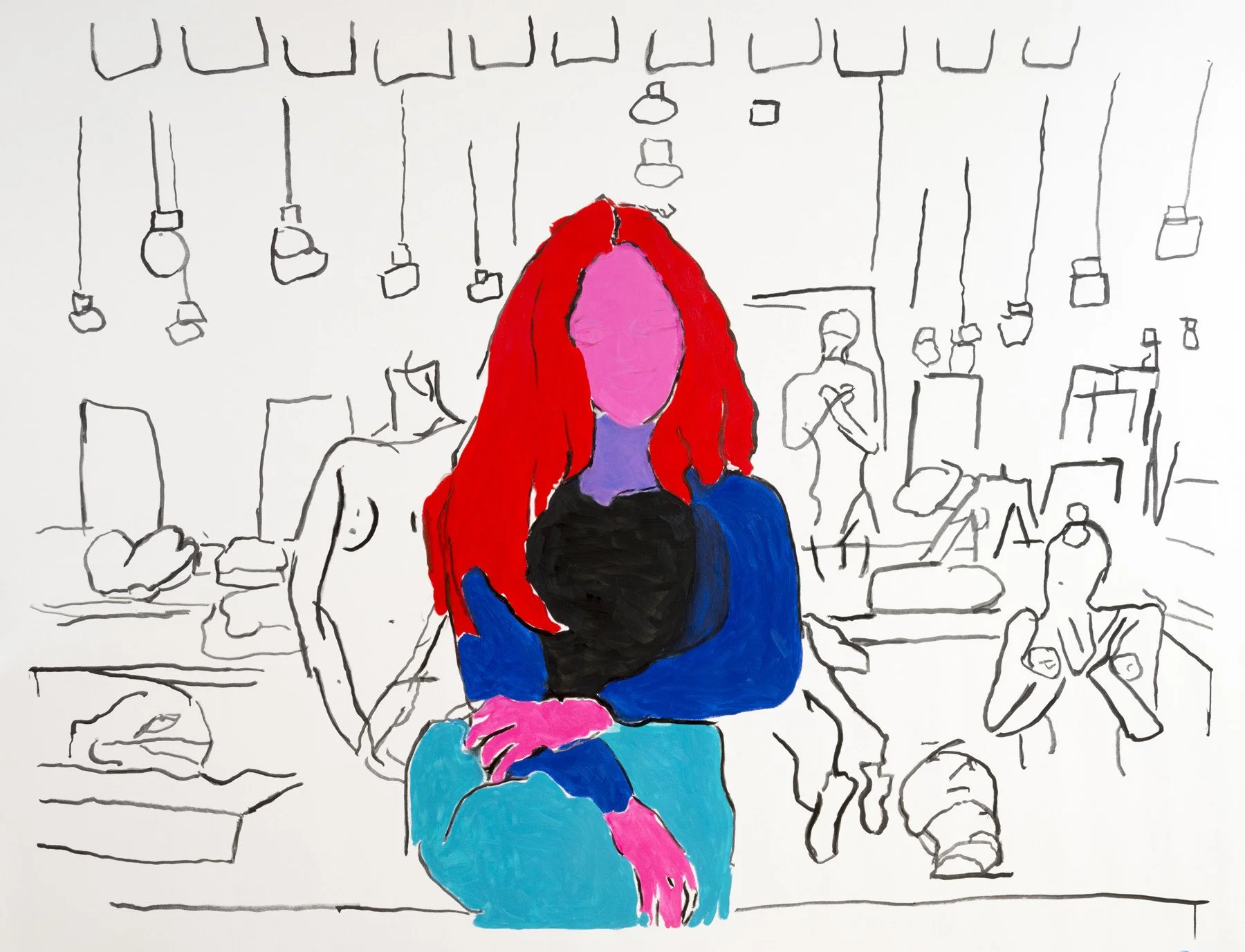 Vanessa in Her Studio, 2015 | Ink and oil on canvas | 67 in x 87 in.