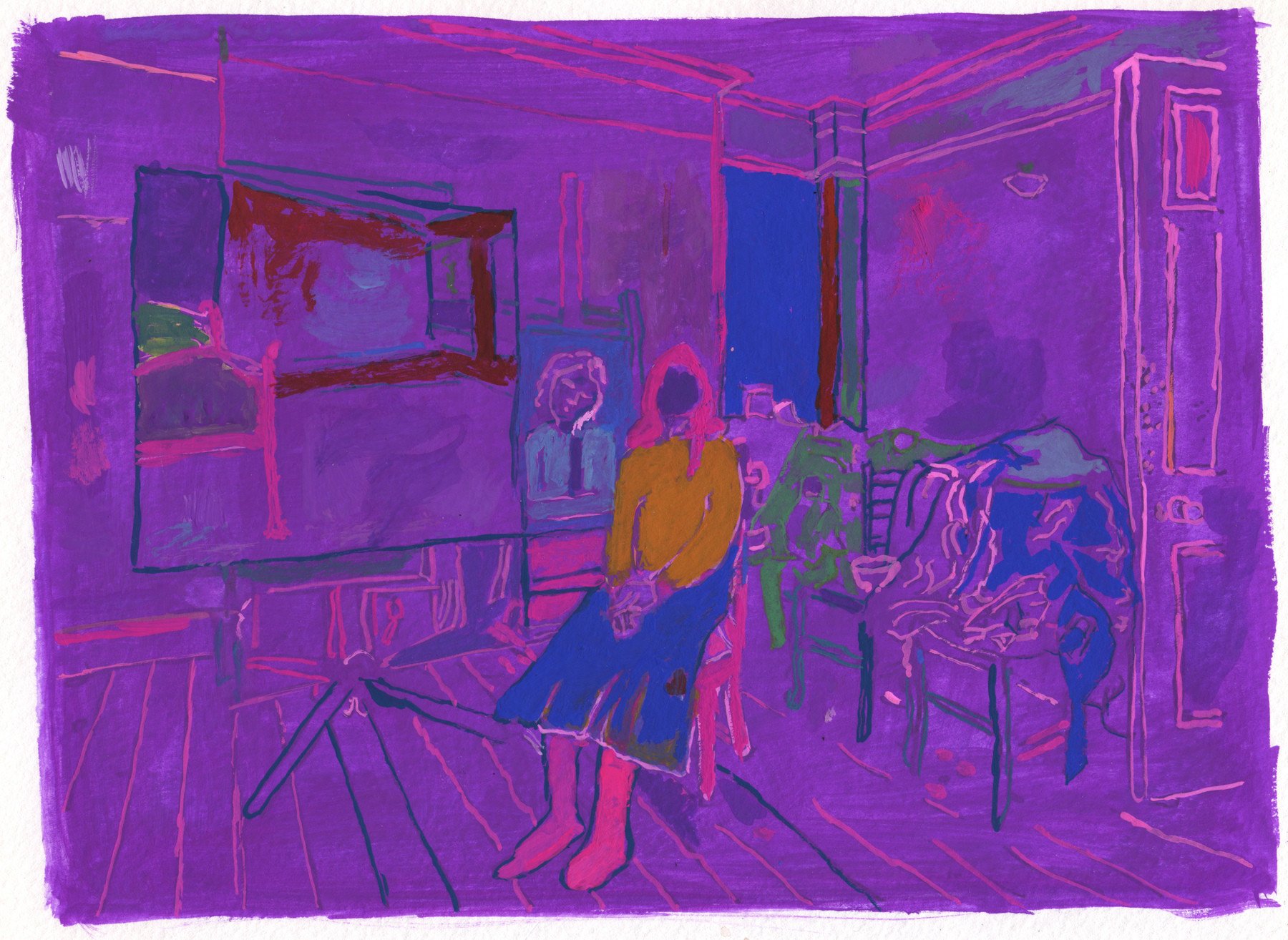 Celia in Her Studio 4, 2016 | Ink and gouache on paper | 6 in x 9 in.