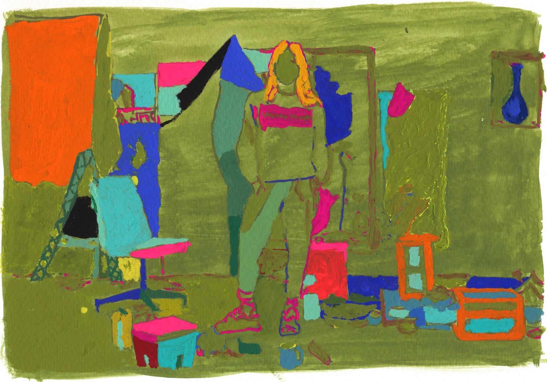 Sara in Her Studio, 2016 | Ink and gouache on paper | 6 in x 8 in.