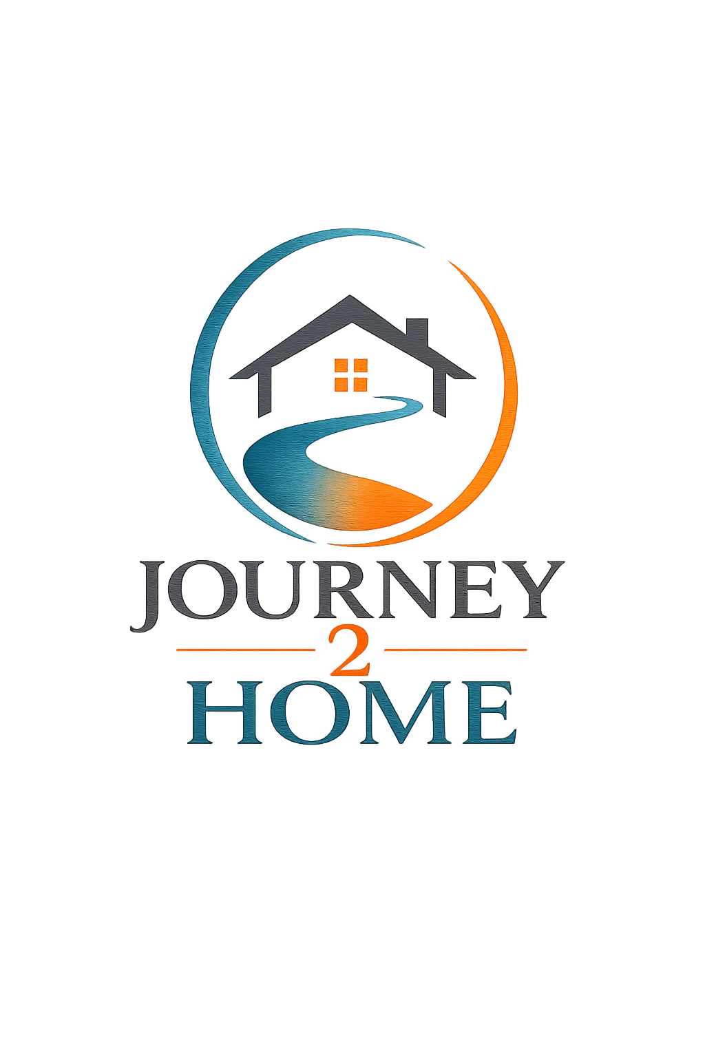 Logo for 'Journey Home 2' featuring a house inside a circular design with a flowing river, set against a dark background with colorful light streaks.