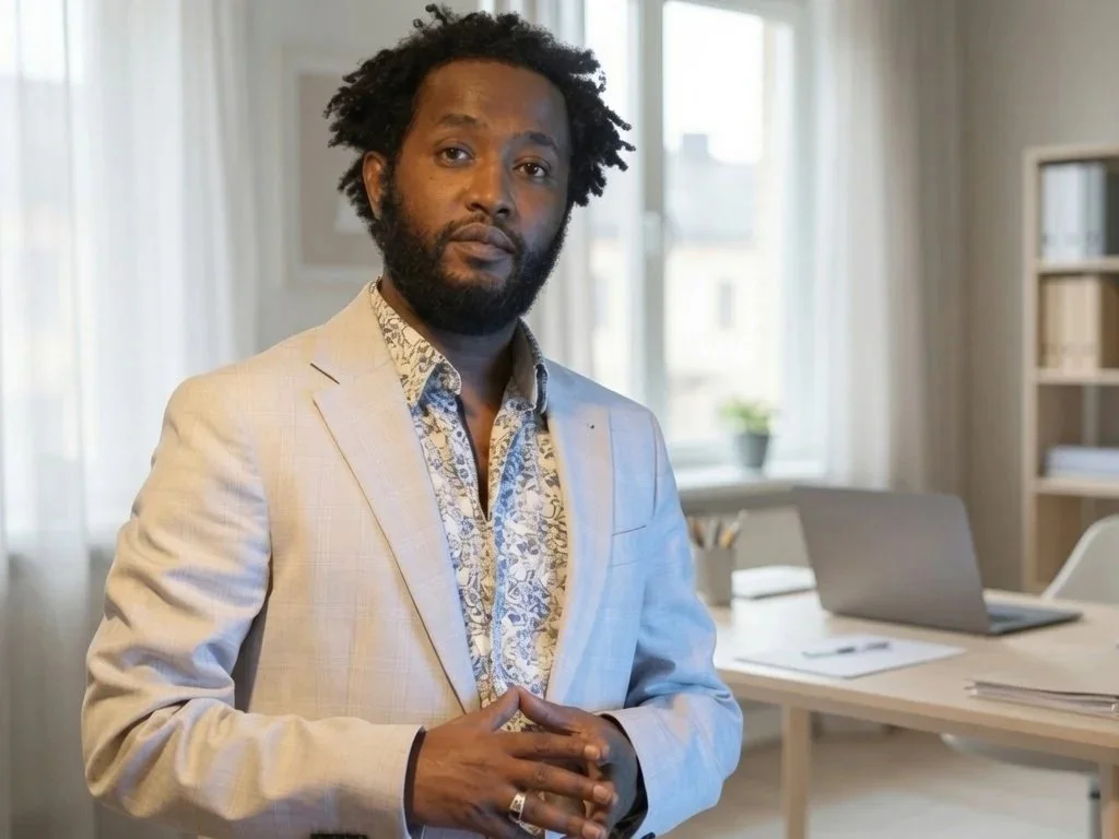 A man with curly hair and a beard in a beige blazer standing in an office with a laptop and papers on the desk.
