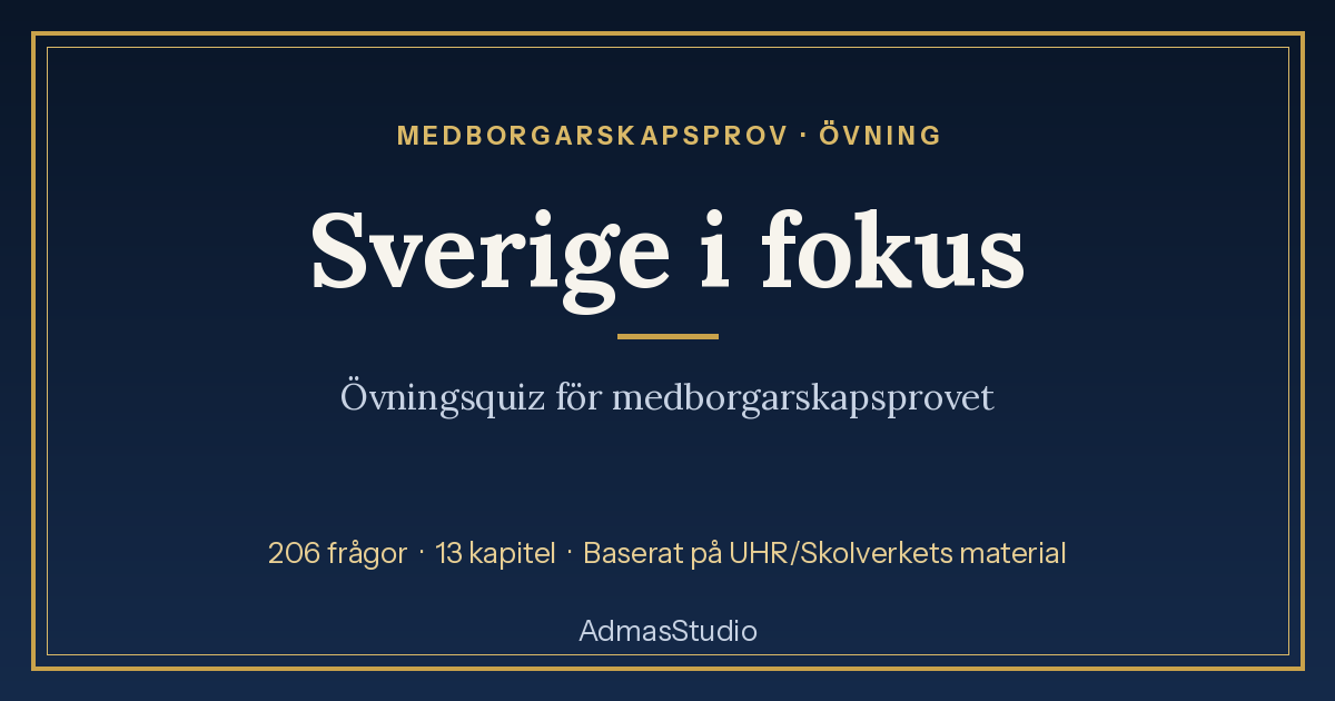Cover page of a Swedish citizenship test practice quiz titled "Sverige i fokus" with a navy background and gold borders, indicating it is based on UHR/Skolverket materials, with 206 questions in 13 chapters.