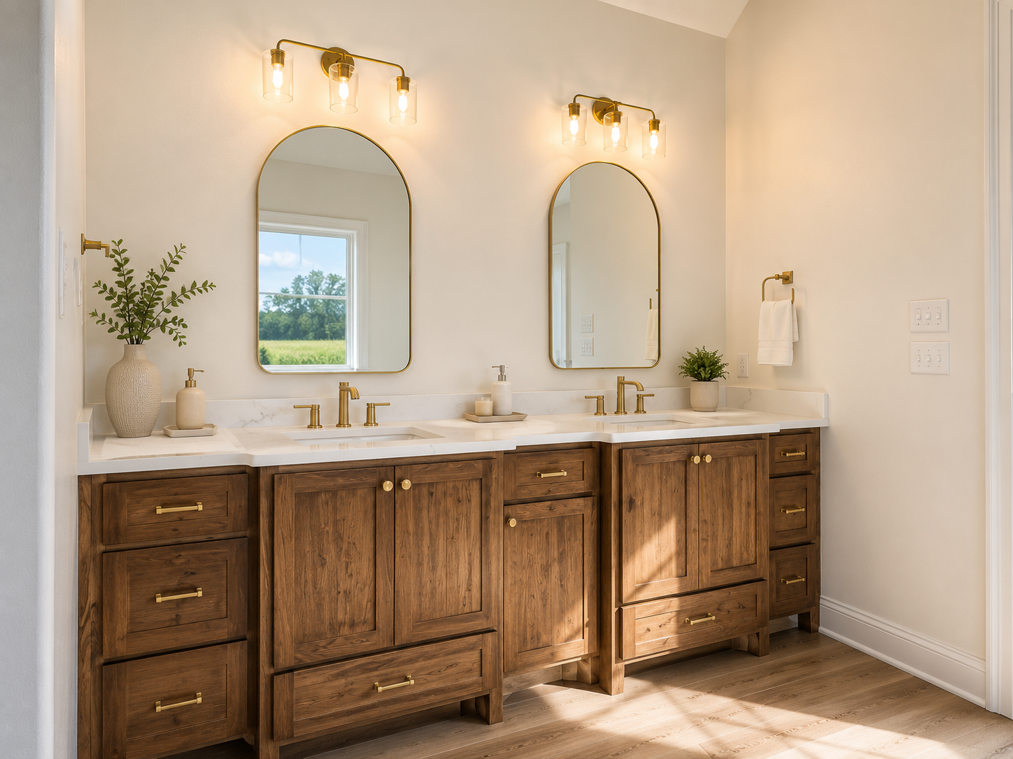 A modern bathroom vanity with two mirrors, gold fixtures, and wooden cabinets. The vanity has two sinks, plant decorations, and a window with a view of a green field outside.