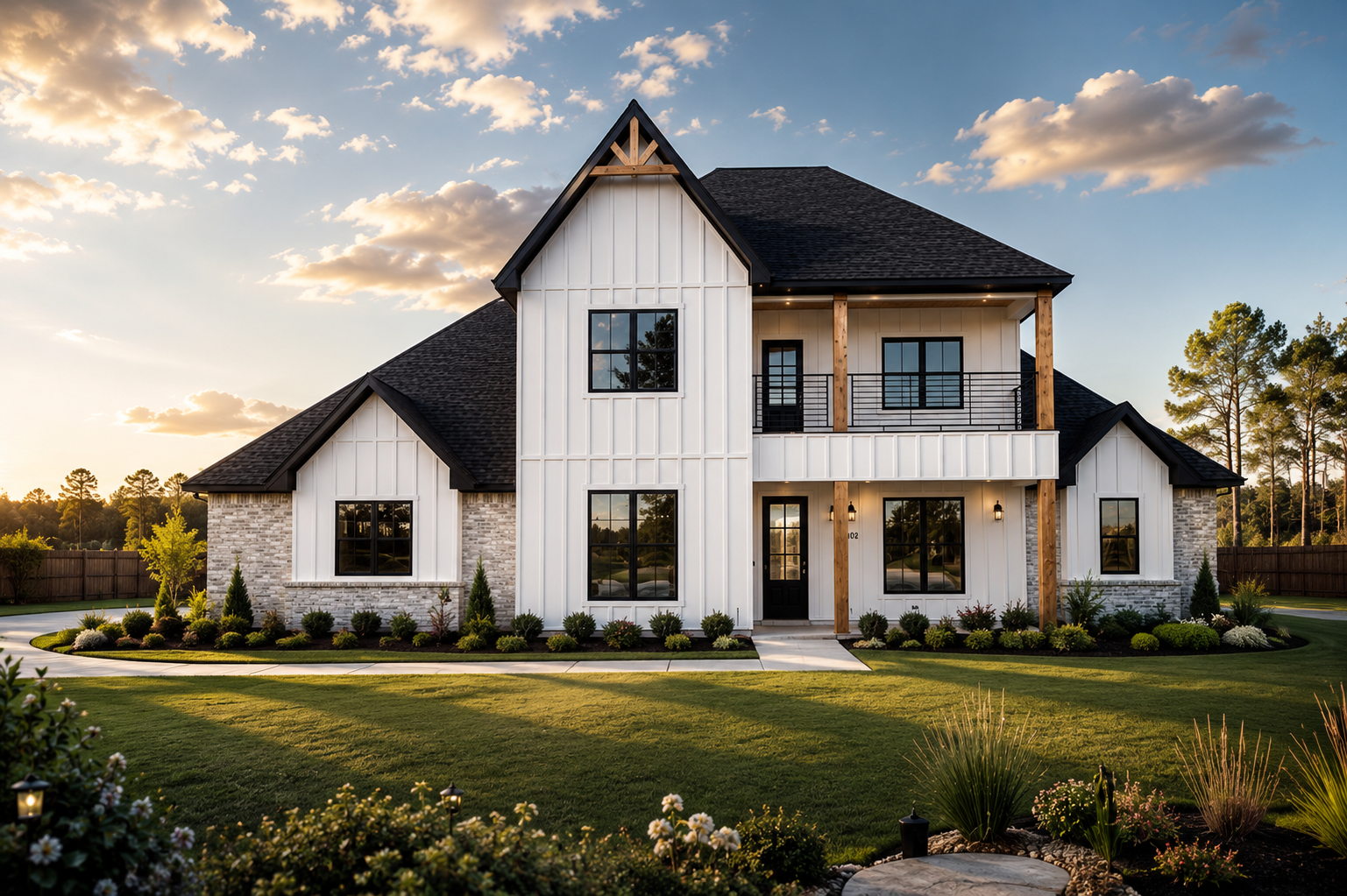 A modern two-story house with white siding, black roof, and black-framed windows, surrounded by a landscaped yard with green grass, bushes, and trees, under a partly cloudy sky during sunset.