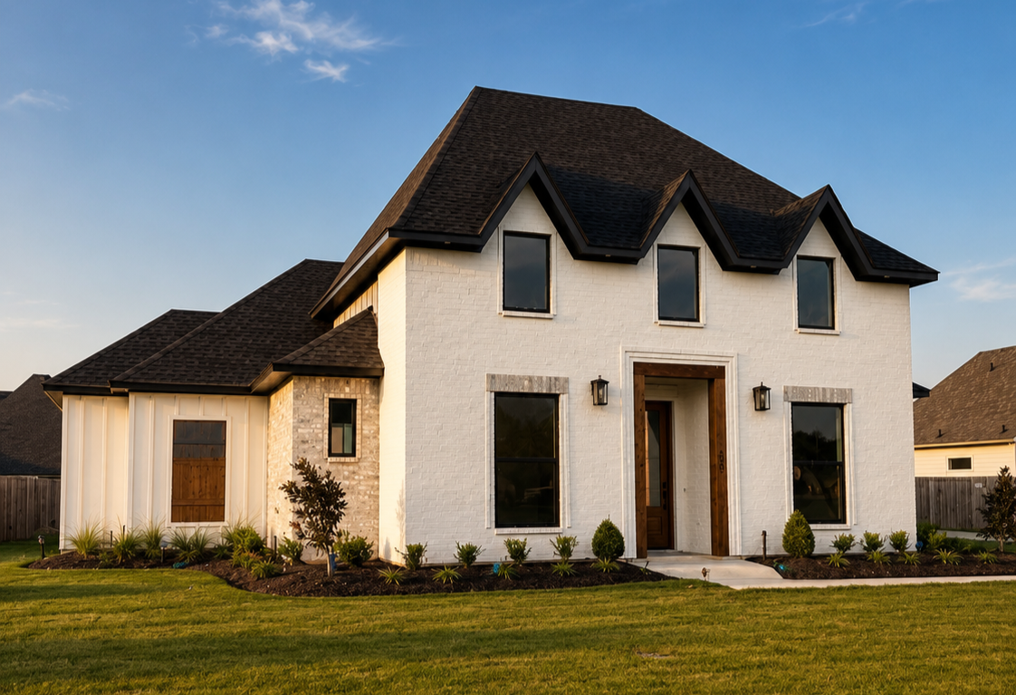 Modern two-story house with white brick exterior, dark roof, and landscaped front yard during sunset.