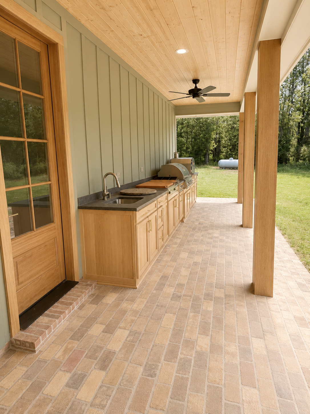 Outdoor kitchen with wooden cabinets, black countertop, built-in grill, and sink, enclosed by a screened porch with brick floor, wooden ceiling, ceiling fan, and a view of backyard with green grass and trees.