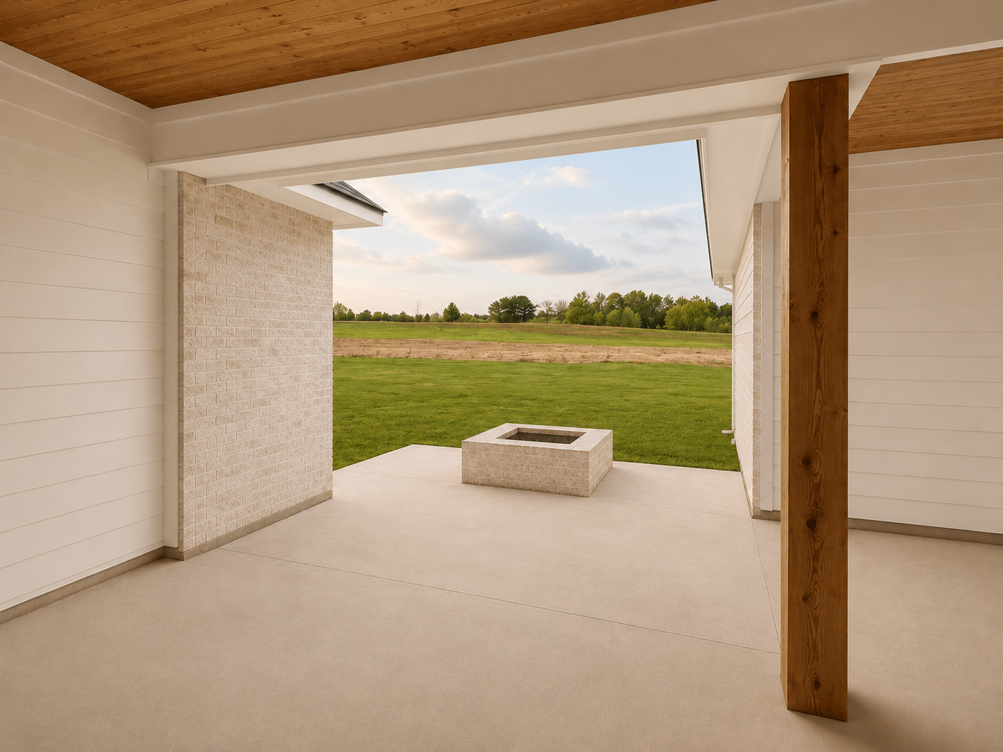 A covered patio with a view of a grassy outdoor area and trees in the distance. The patio has white walls, a wooden ceiling, and a wooden post. There is a white brick fire pit outside.
