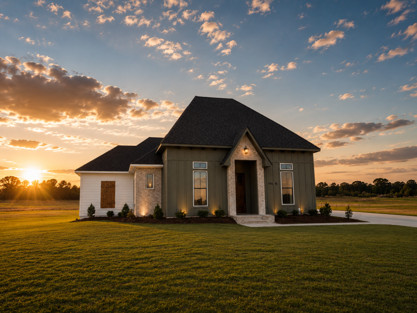 A house at sunset with a large front yard, dark roof, beige brick and gray siding exterior, and lit front porch.