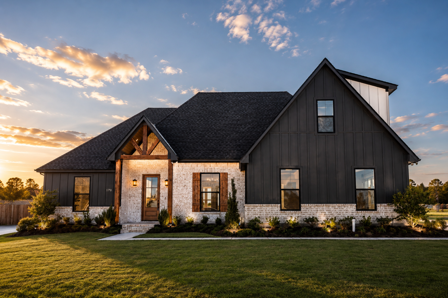 Modern house with black siding and brick accents, illuminated by exterior lights at sunset, with a well-maintained lawn and landscaped bushes.