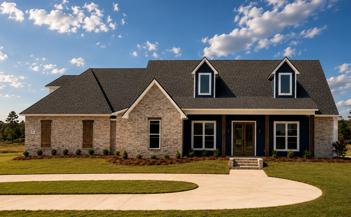Front view of a house with brick and dark blue siding, a gabled roof, three dormer windows, and a front porch with wooden posts, surrounded by a well-maintained lawn and landscaping.