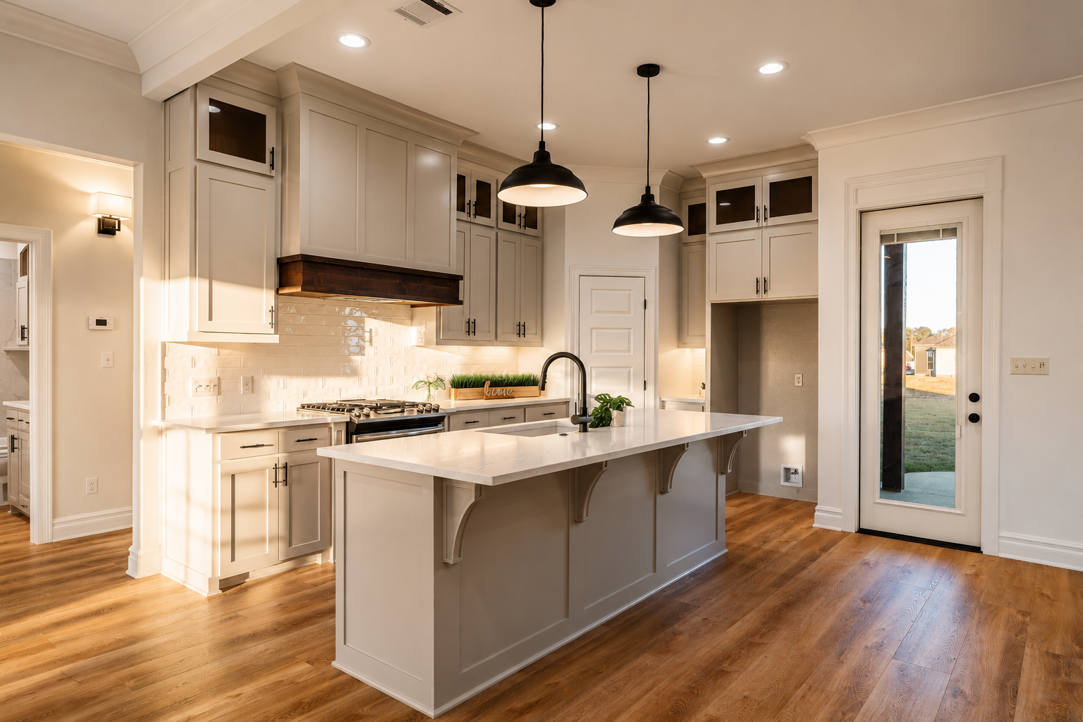Modern kitchen with white cabinets, a kitchen island, hardwood floors, and a glass door leading outside.