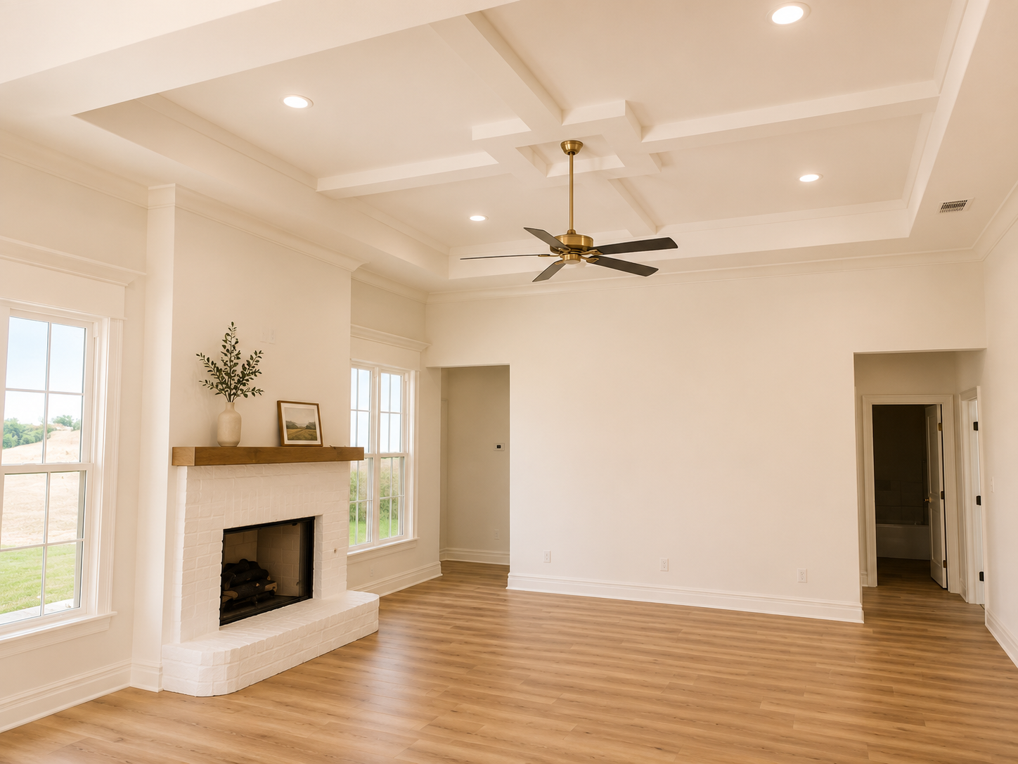 Empty living room with white walls, hardwood flooring, a white brick fireplace, a brass ceiling fan, recessed lighting, and windows showing a grassy outdoor landscape. There is a wooden mantel with a vase with greenery and a framed picture on it.
