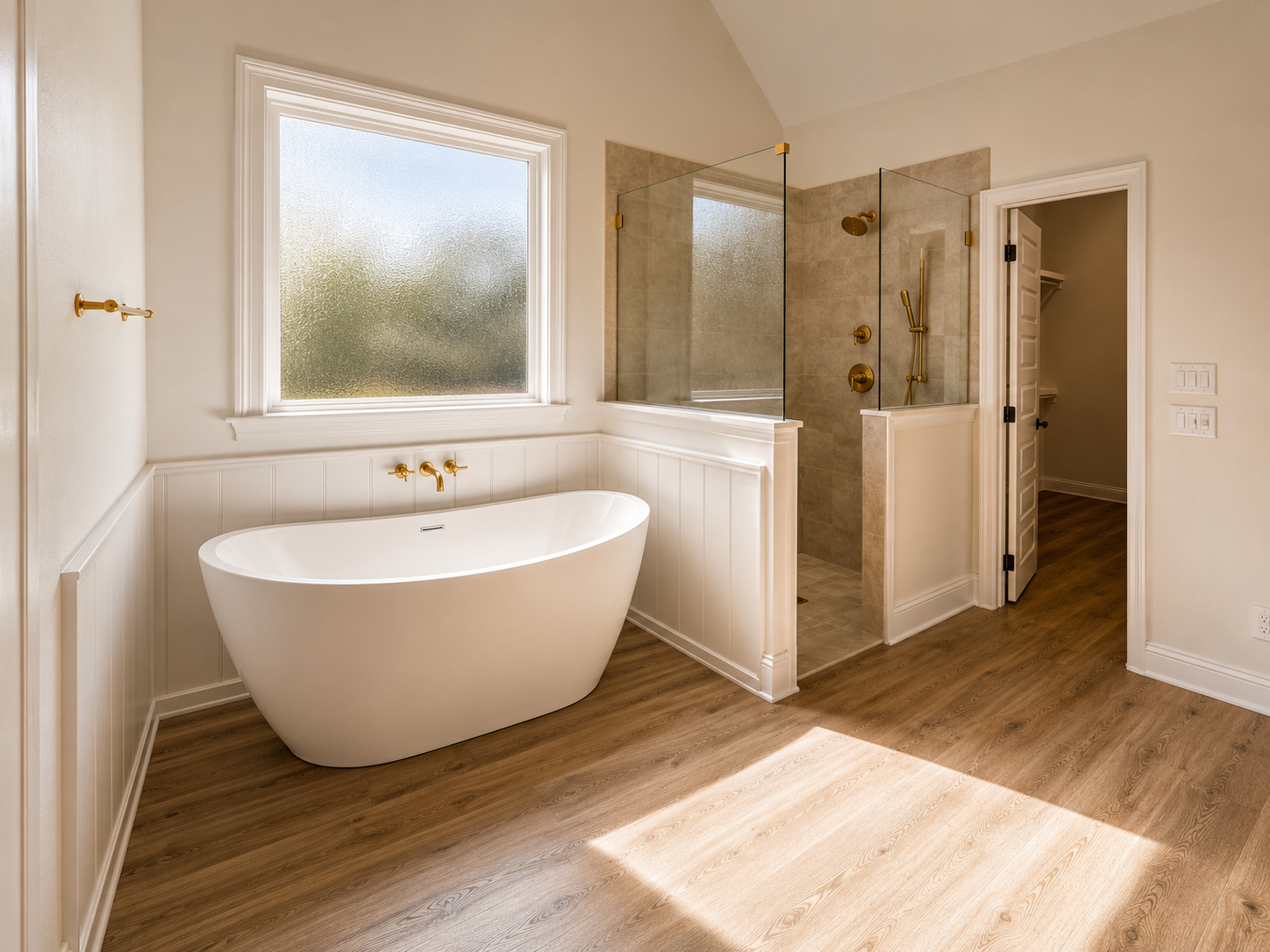Bathroom with a freestanding bathtub, large frosted window, and a separate shower with glass partition and gold fixtures.