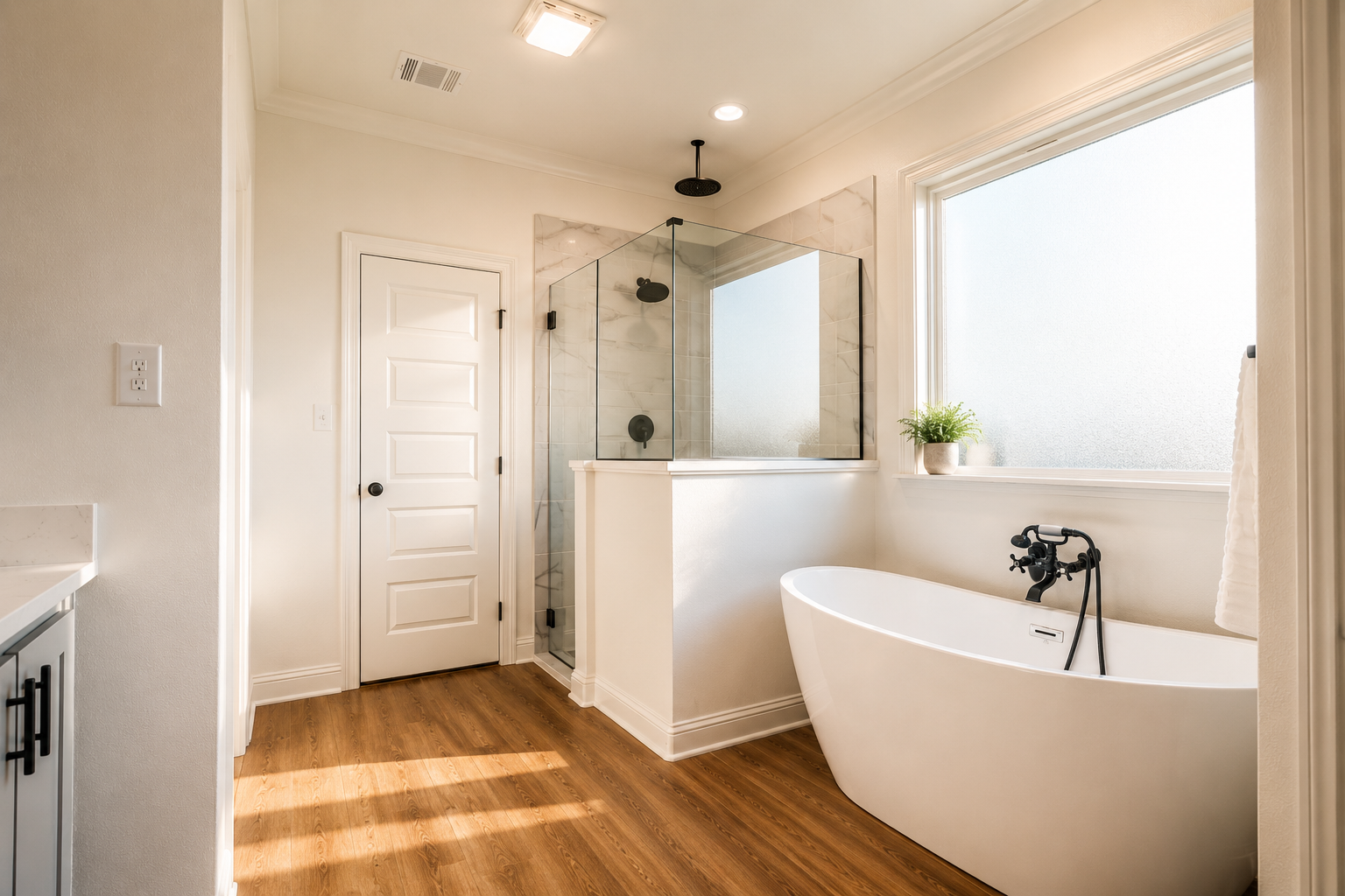 Modern bathroom with a freestanding bathtub, a glass-enclosed shower, and a large frosted window with a potted plant.