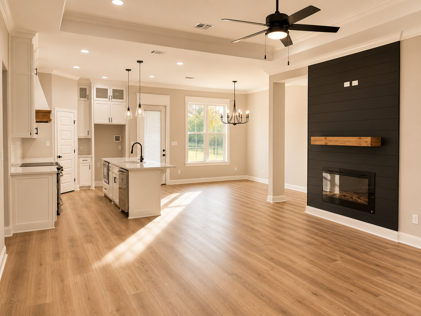 Open-concept living space with white kitchen cabinets, island, large window, black ceiling fan, black fireplace with wooden mantel, hardwood flooring, chandelier, and recessed lighting.