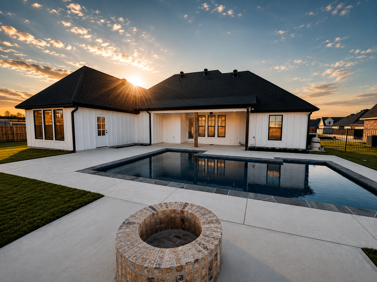Backyard with a modern house, swimming pool, and fire pit during sunset.