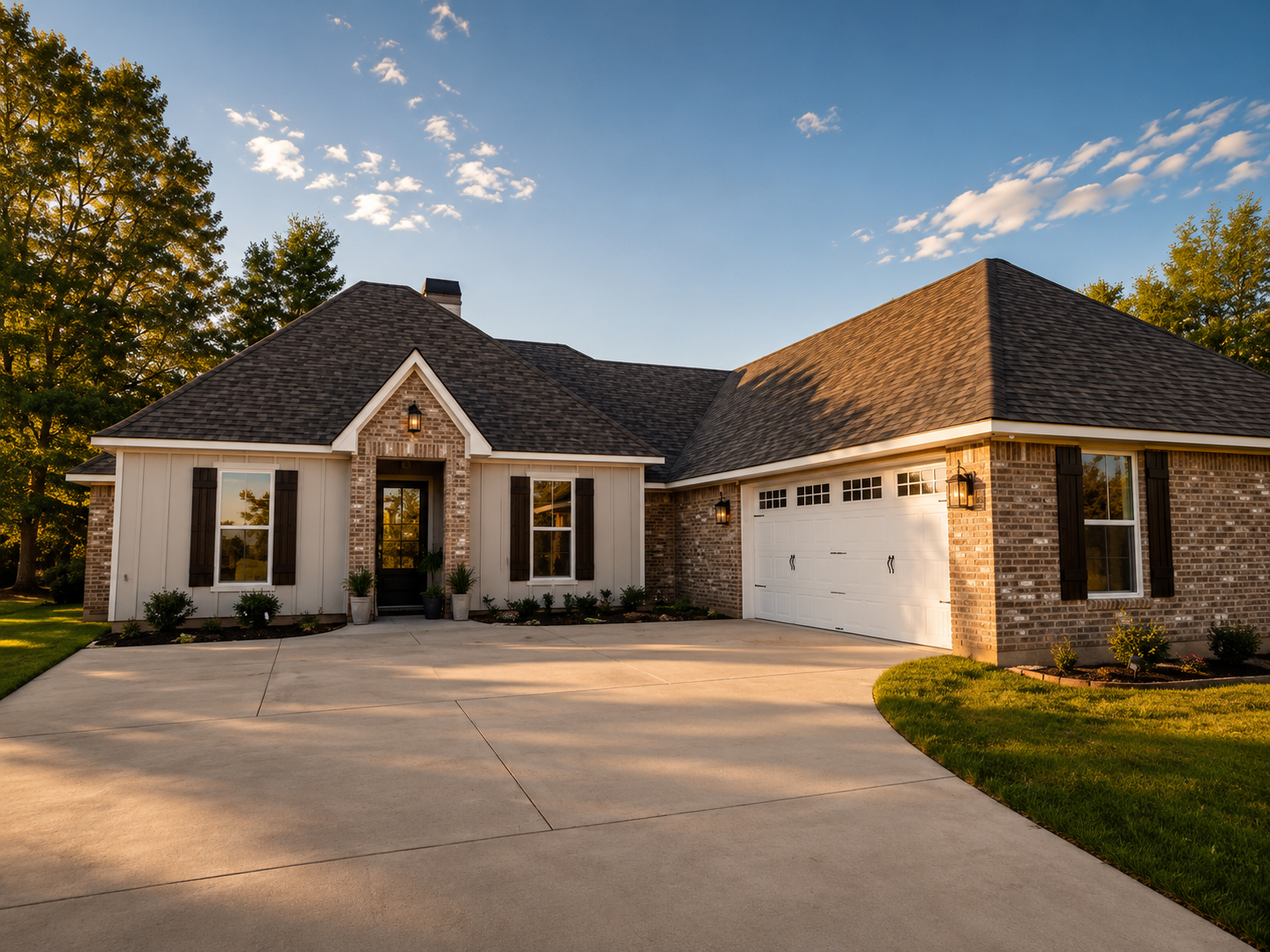 A suburban house with brick and white siding exterior, dark shingle roof, and attached garage, surrounded by green lawn and trees, under a blue sky with scattered clouds.