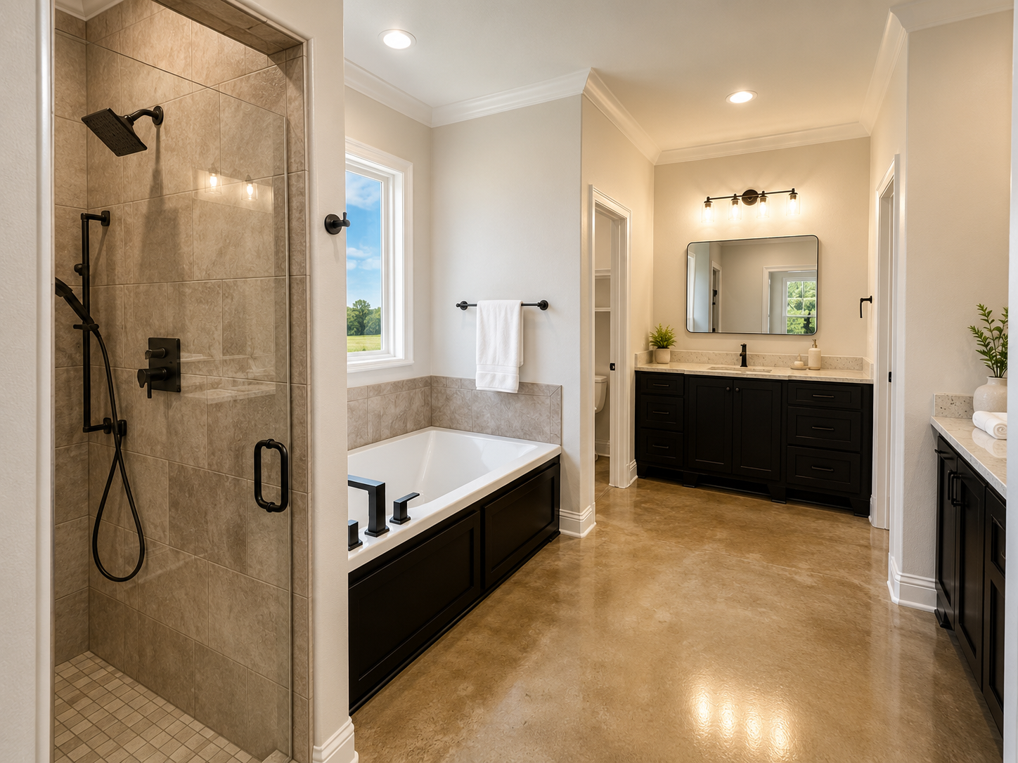 Modern bathroom with walk-in shower, bathtub, black cabinets, large mirror, beige tiled floors, and two small vases with green plants.
