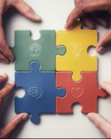 Four puzzle pieces in green, yellow, blue, and red, each with an icon: a tree, a lightbulb, a brain, and a heart, held by four hands.