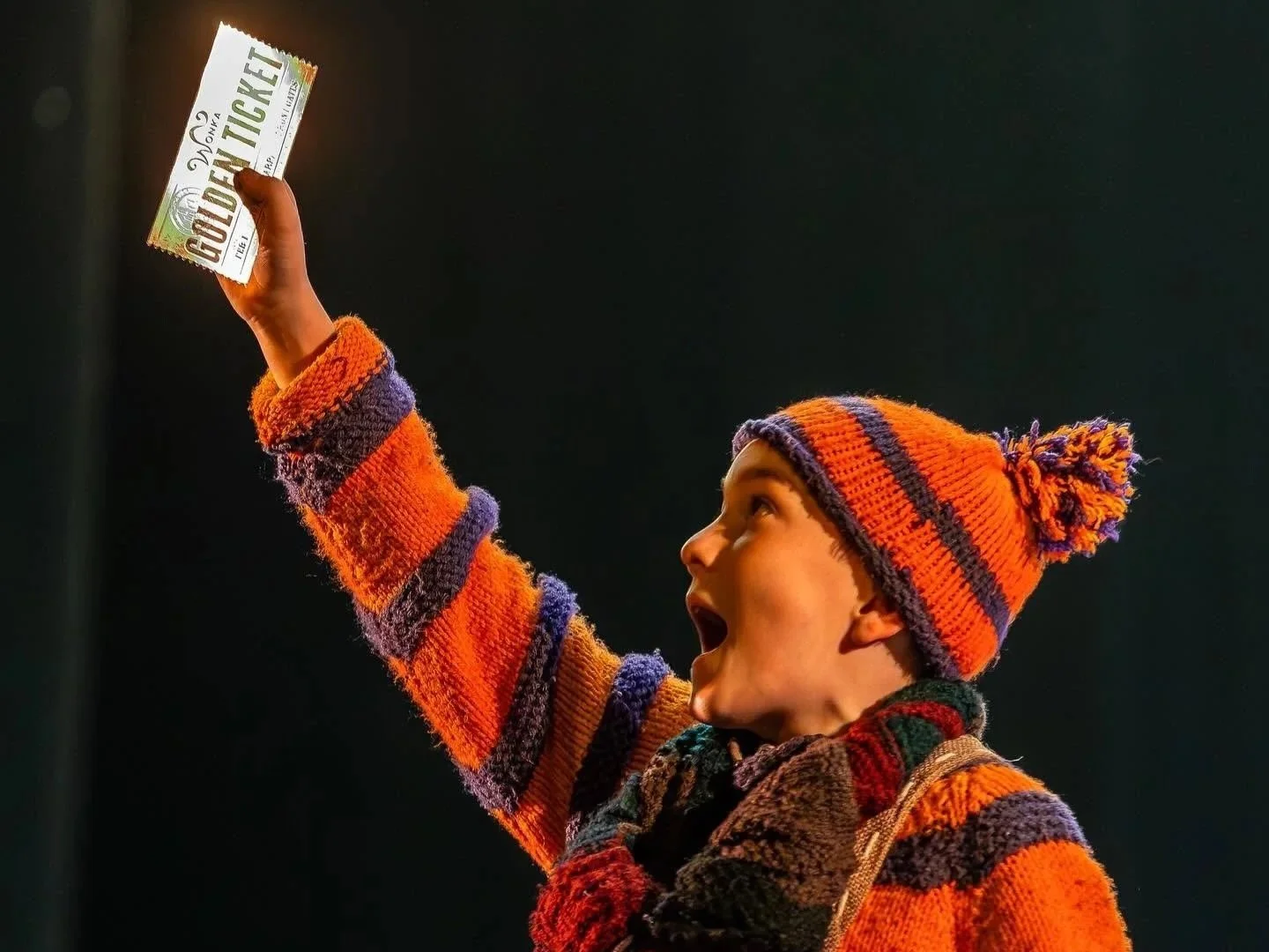 A young boy wearing a colorful knit hat and sweater, excitedly reaching out with one hand while holding a ticket that says 'Guide Ticket' against a dark background.