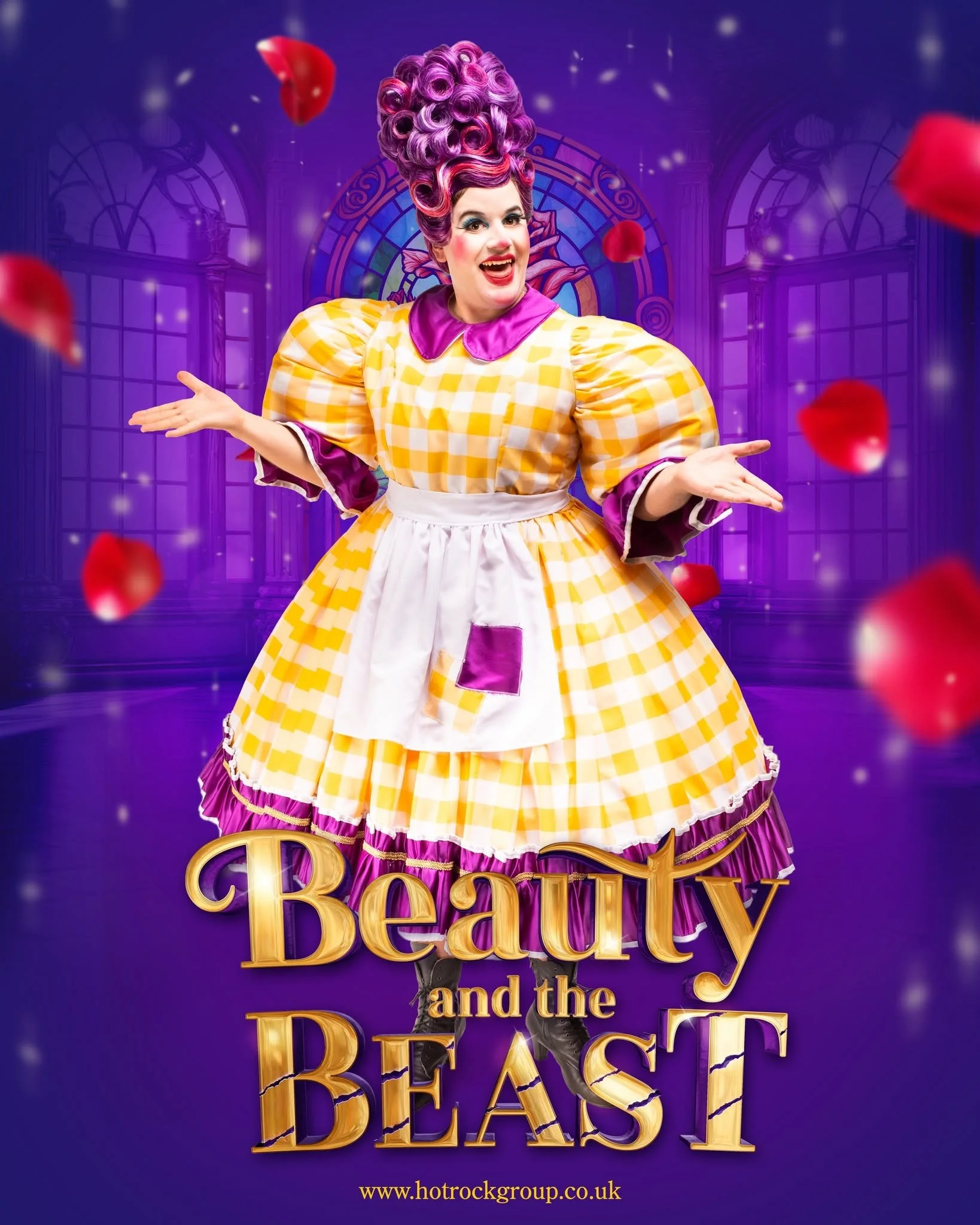 A woman with big, curly purple hair styled in an elaborate updo, dressed in a yellow and white checkered dress with purple accents, standing in front of a purple background with a large stained glass window, surrounded by floating rose petals, with t