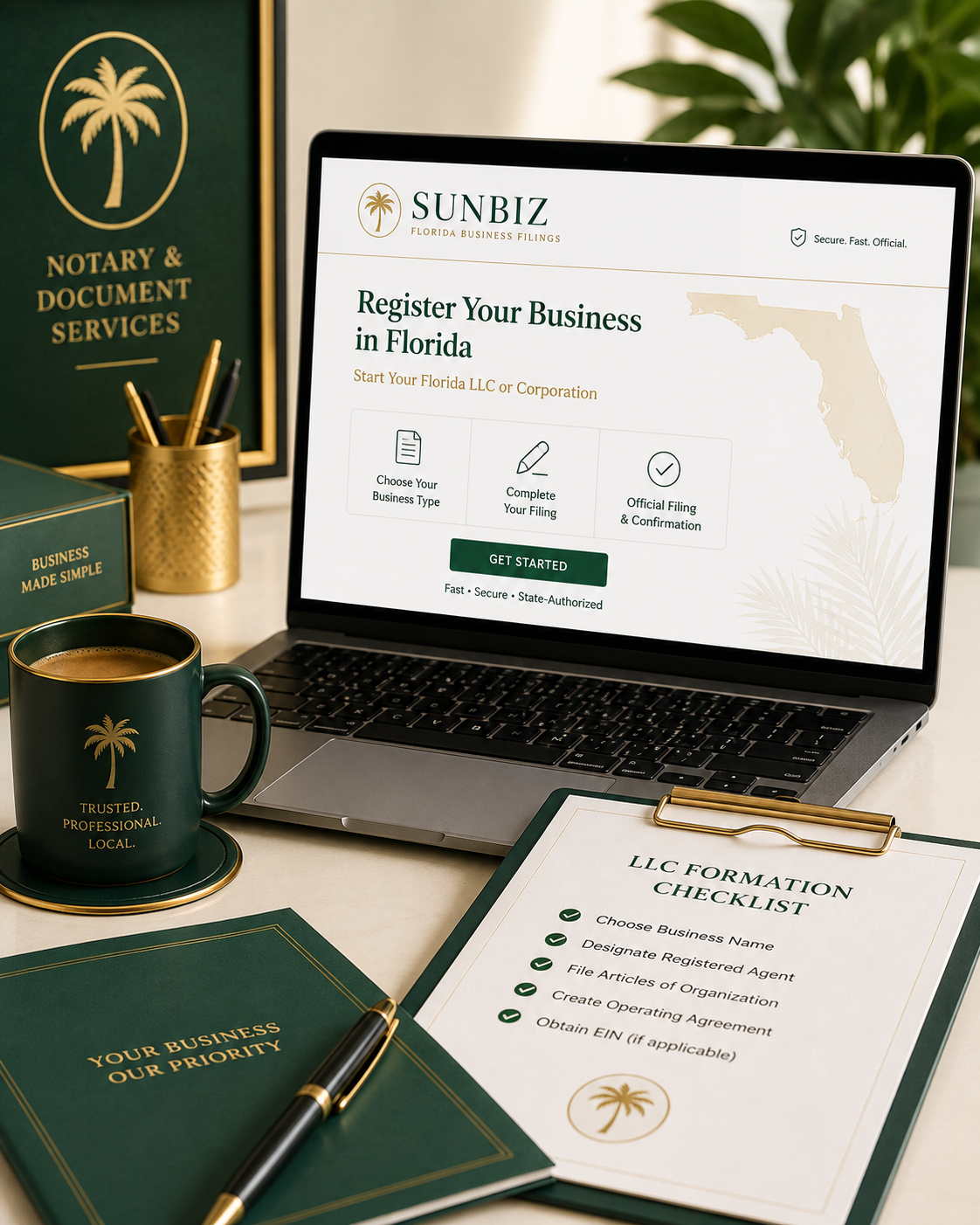 Laptop displaying a website for registering a business in Florida, with the title "Register Your Business in Florida" and options to choose business type, complete filing, and official confirmation. Surrounding items include a green coffee mug with gold lettering, a notepad titled "Llc Formation Checklist" with a pen, a green folder labeled "Your Business Our Priority," a gold pen holder with pens, a book titled "Business Made Simple," and a sign for Notary & Document Services. There are also green leafy plants in the background.