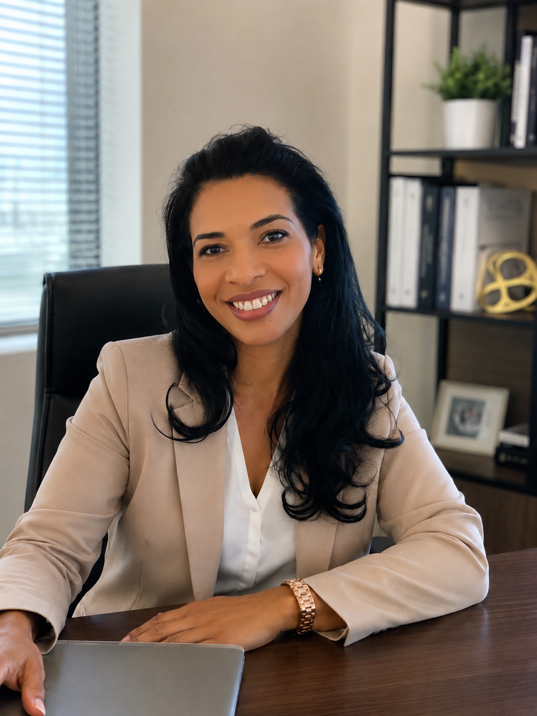 Professional woman sitting at a desk in an office, smiling at the camera.