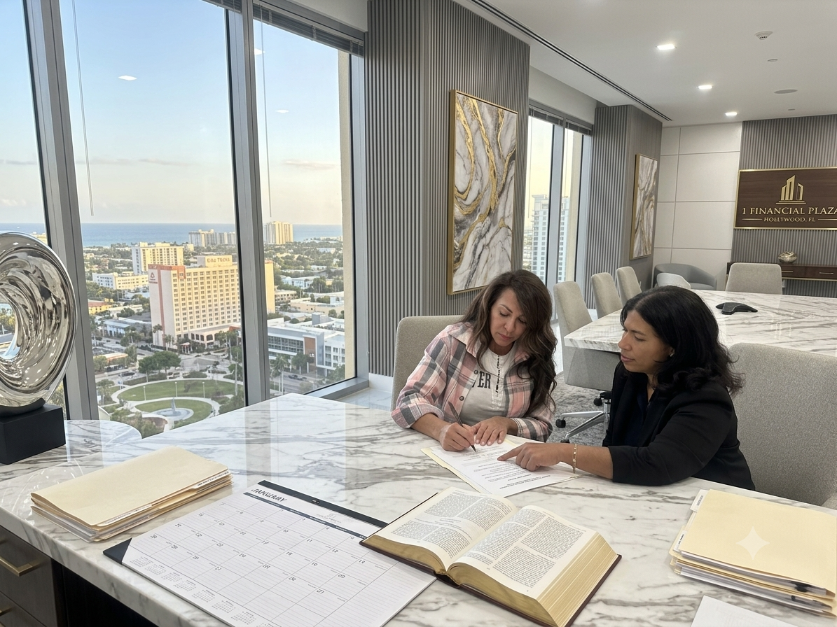 Two women sitting at a large marble conference table, reviewing documents and a book, in a high-rise office with large windows showing a cityscape and ocean view.