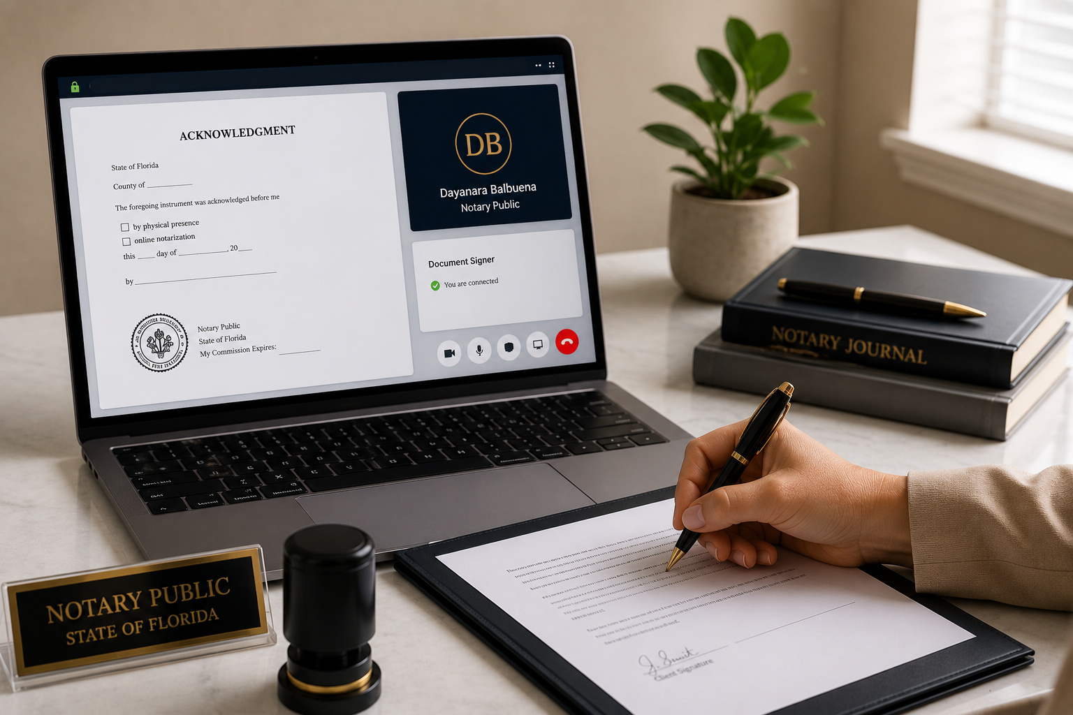 Person signing a legal document with a black and gold pen at a desk, with a laptop displaying a virtual notary session, a 'Notary Public' sign, and notary journal on the desk.