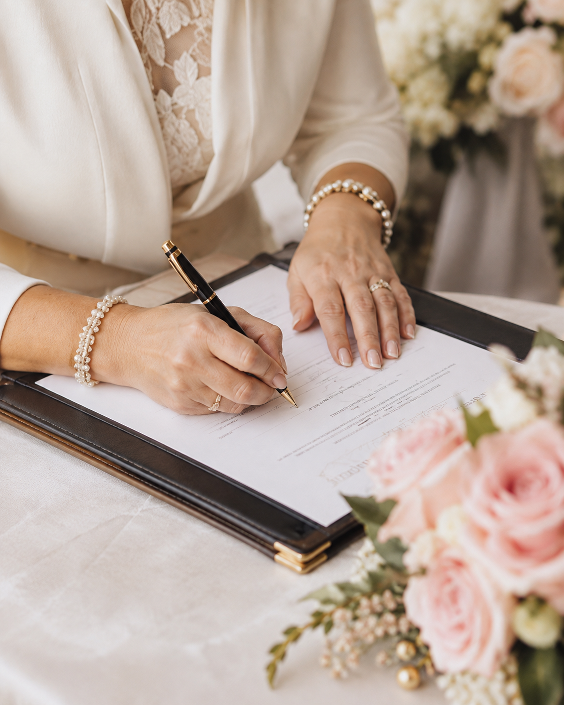A woman is signing a document on a clipboard with a black and gold pen. She is wearing a lace top, a cream jacket, and pearl jewelry. A bouquet of pink and white flowers is in the foreground.