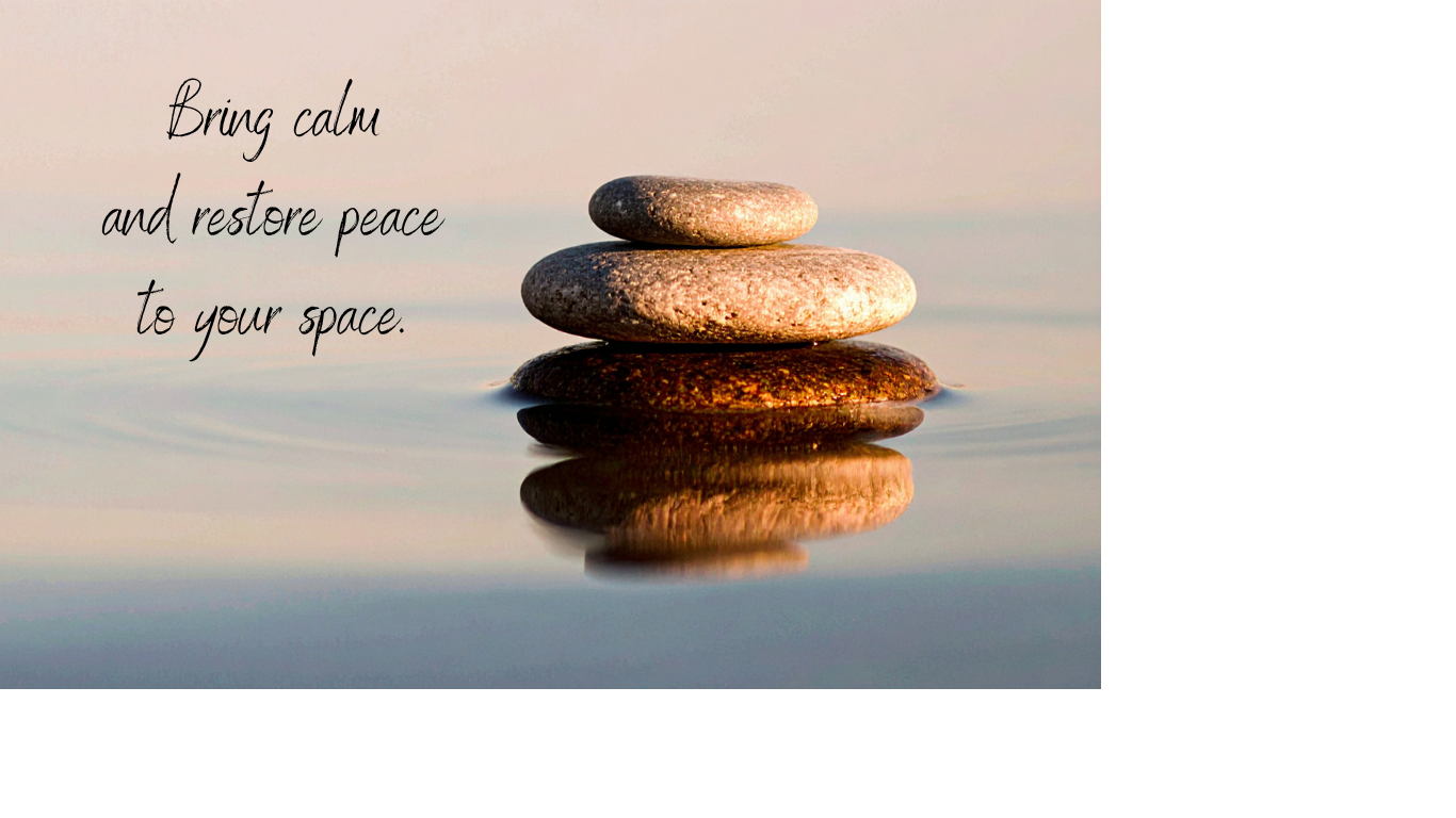 A stack of four smooth stones balanced on top of each other in calm water with a soft pink and blue sky background, accompanied by text that reads ''Bring calm and restore peace to your space.''