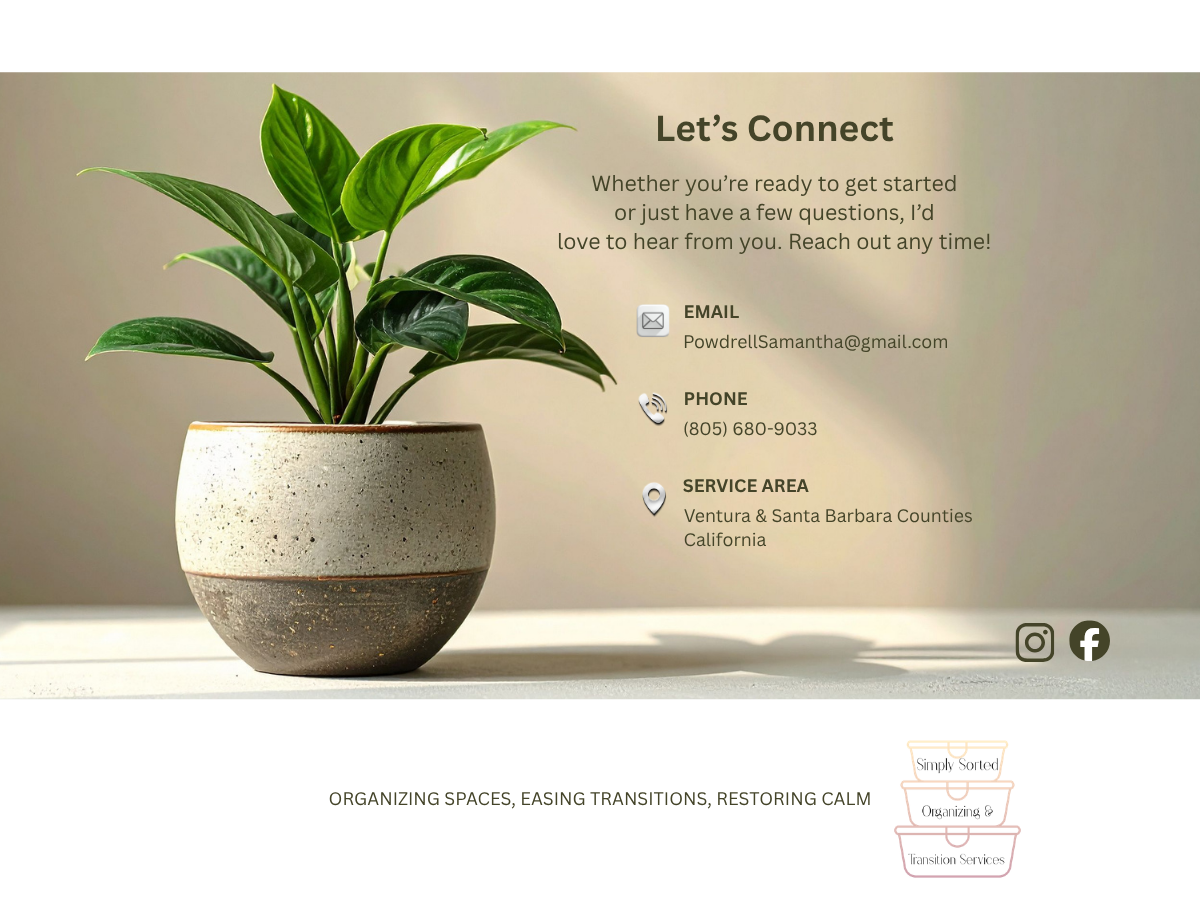 A contact information webpage with a potted green plant on the left and text on the right, including email, phone, service area details, and social media icons.