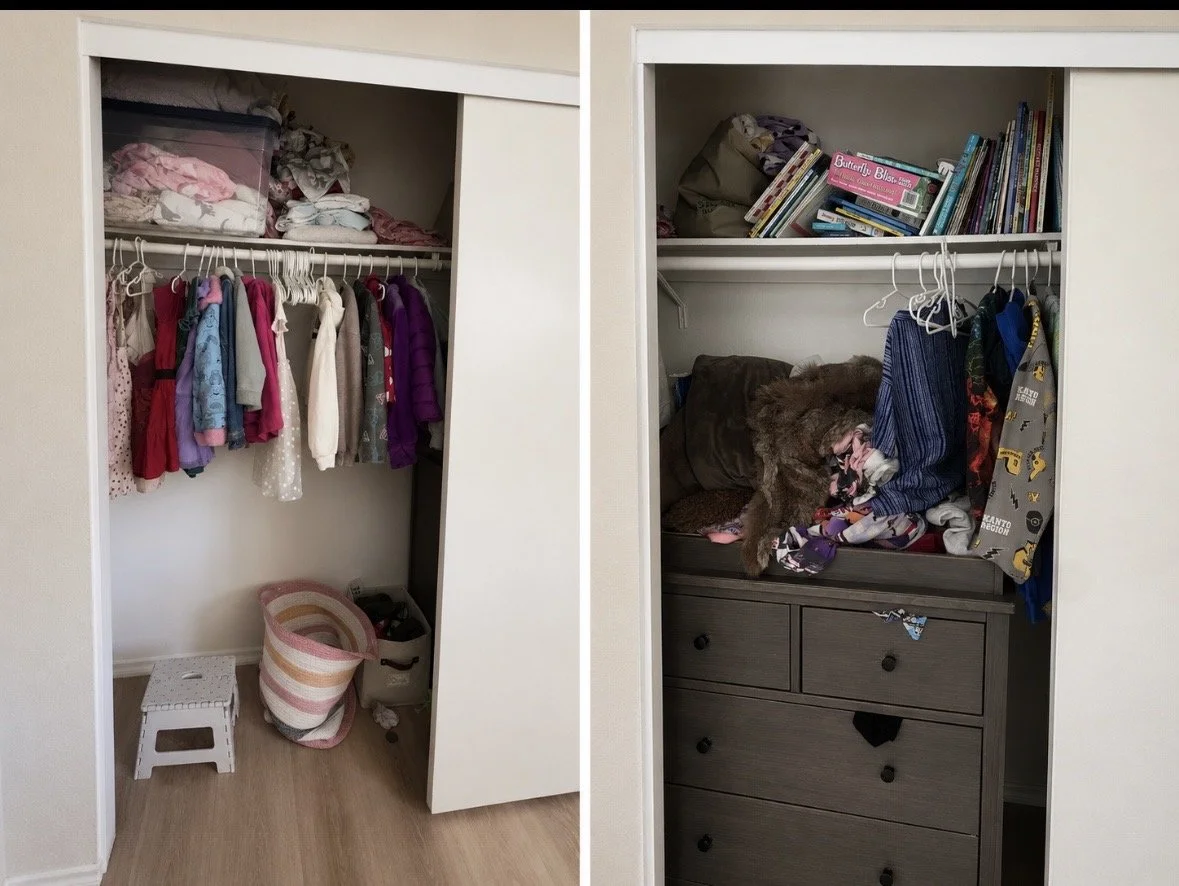 Comparison of two closets: the left closet is tidy with children's clothes hanging on a rod, a basket and a small stool underneath. The right closet is cluttered with clothes, books, and a dog lying among the items.