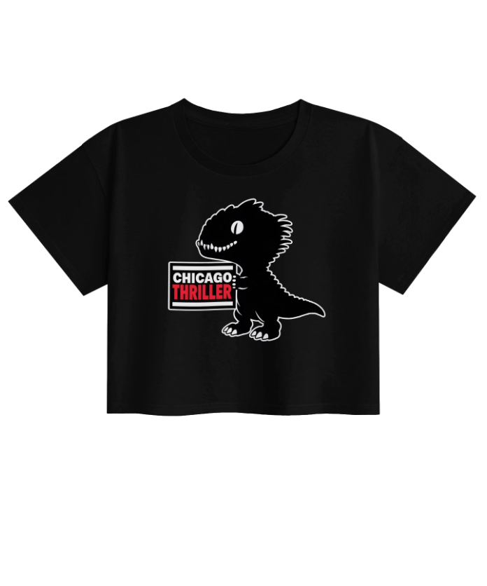 Black T-shirt with a cartoon dinosaur holding a sign that reads 'Chicago Thriller' in red and white letters.